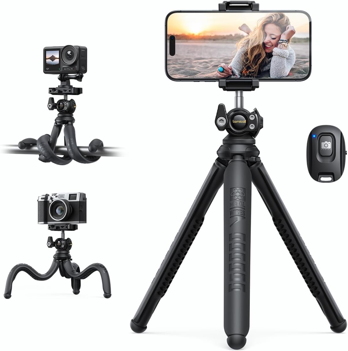 Lamicall Tripod for iPhone - [Ultra-Stable] Aluminium Phone Tripod with Wireless Remote, Mini Flexible Camera Stand Cold Shoe for Video Recording for Pocket 3 4 iPhone GoPro DSLR Camera Mothers Day