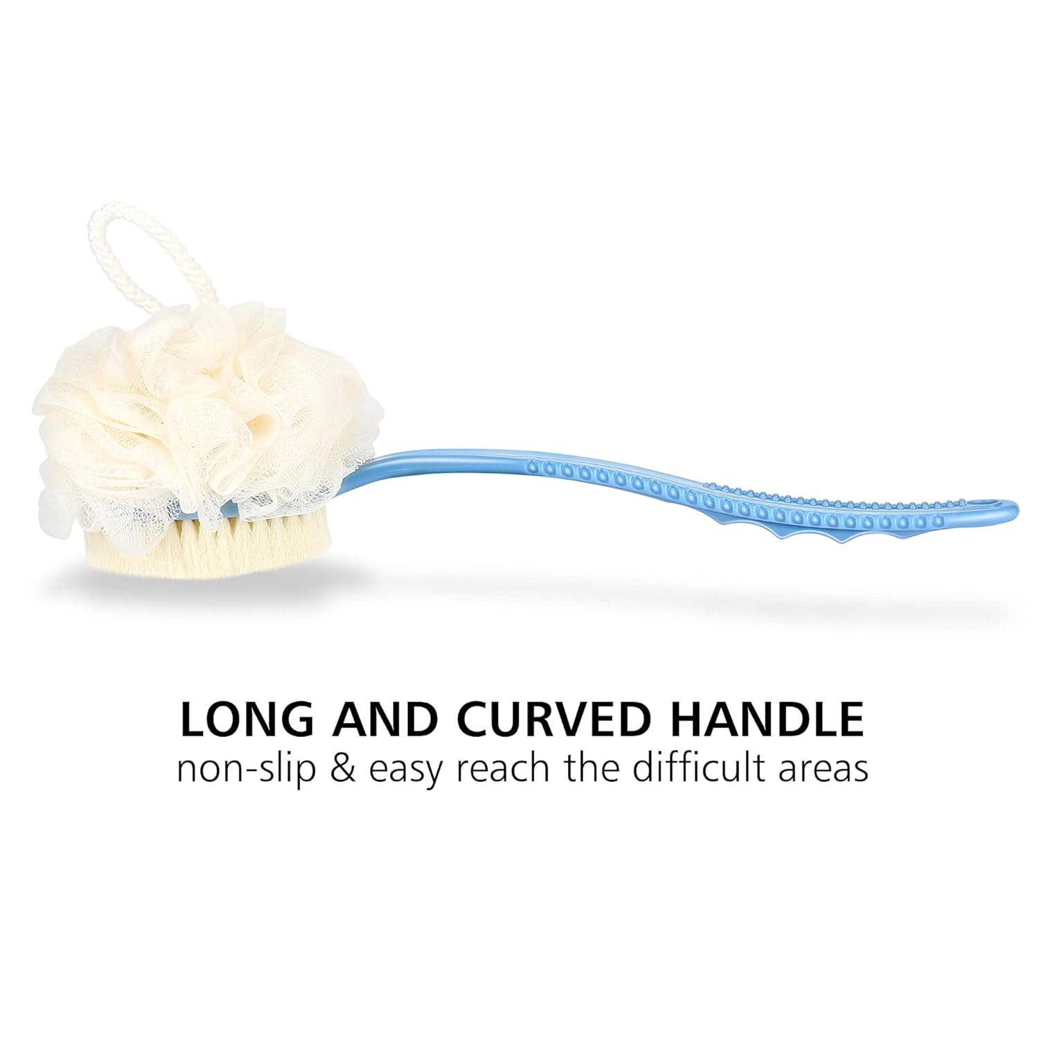 Shower body brush with bristles and loofah for skin exfoliating bath, curved long handle for back and feet, suitable for wet or dry use, men and women, blue