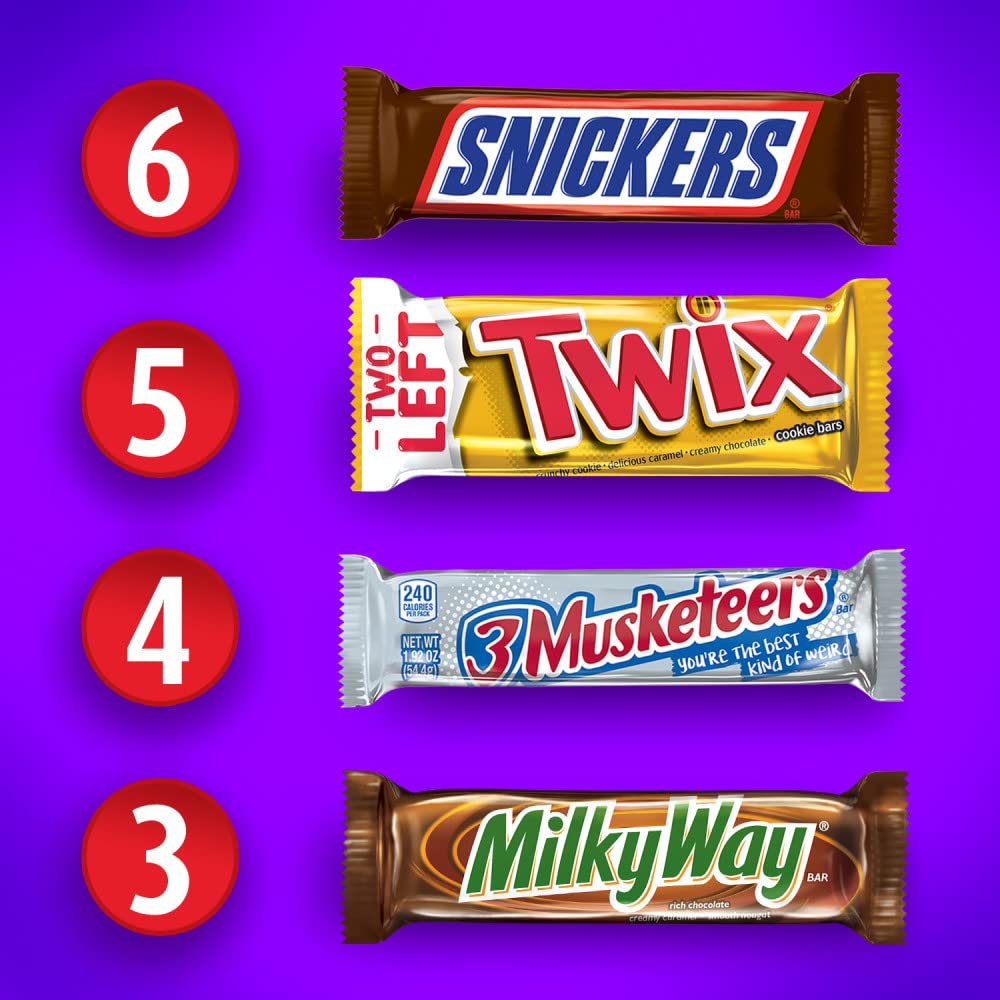 snickers, twix, milky way & 3 musketeers individually wrapped full-size milk chocolate candy bars bulk assortment 33.31 oz 18 bars