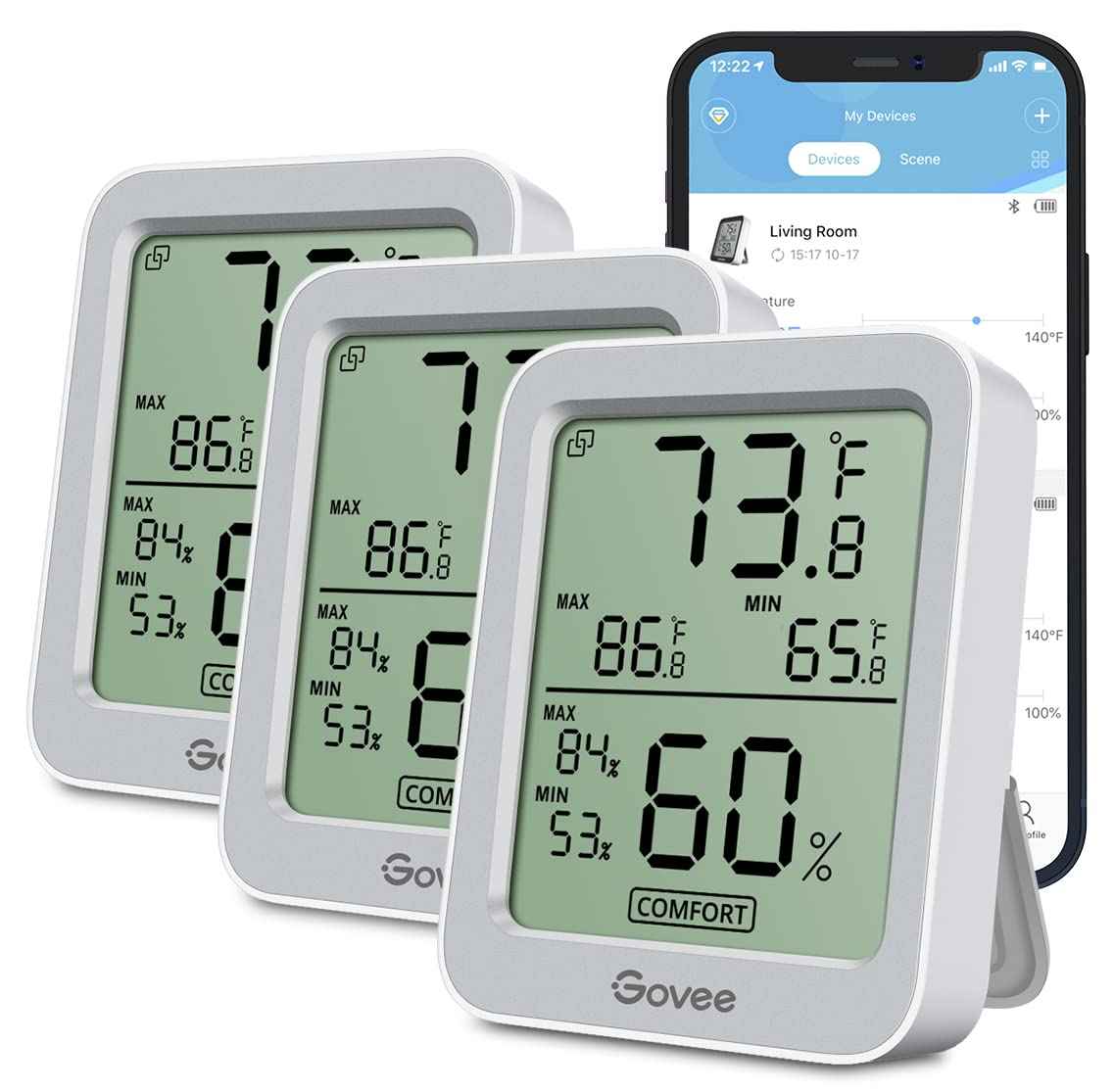 Govee Digital Hygrometer Indoor Thermometer Room H5075, Bluetooth Temperature Humidity Meter with 164ft Remote App Control, Notification Alerts, 2 Years Data Storage Export for Bedroom, Wine Cellar
