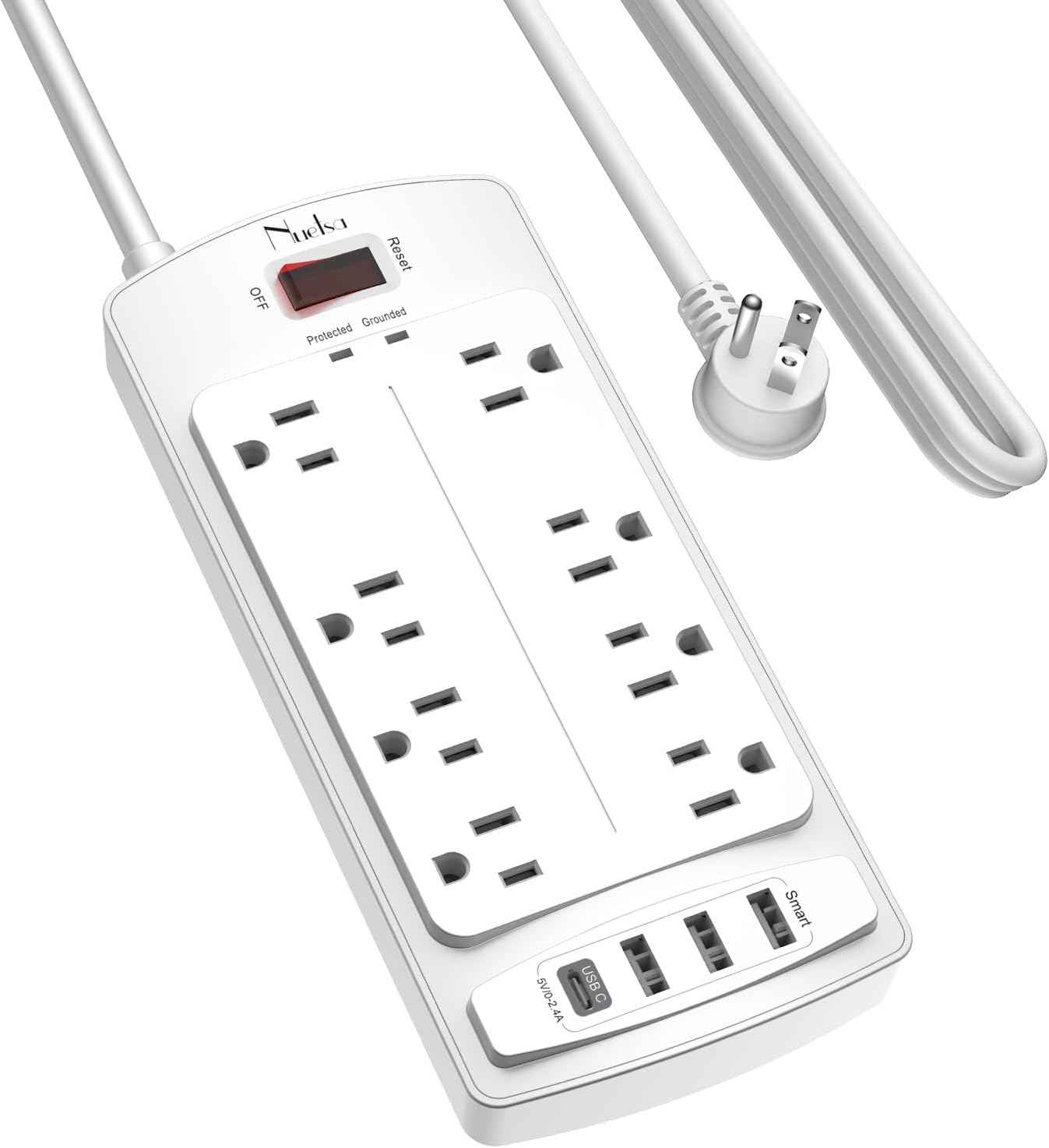 Surge Protector Power Strip - Nuetsa Flat Plug Extension Cord with 8 Outlets and 4 USB Ports, 6 Feet Power Cord (1625W/13A), 2700 Joules, ETL Listed, Black