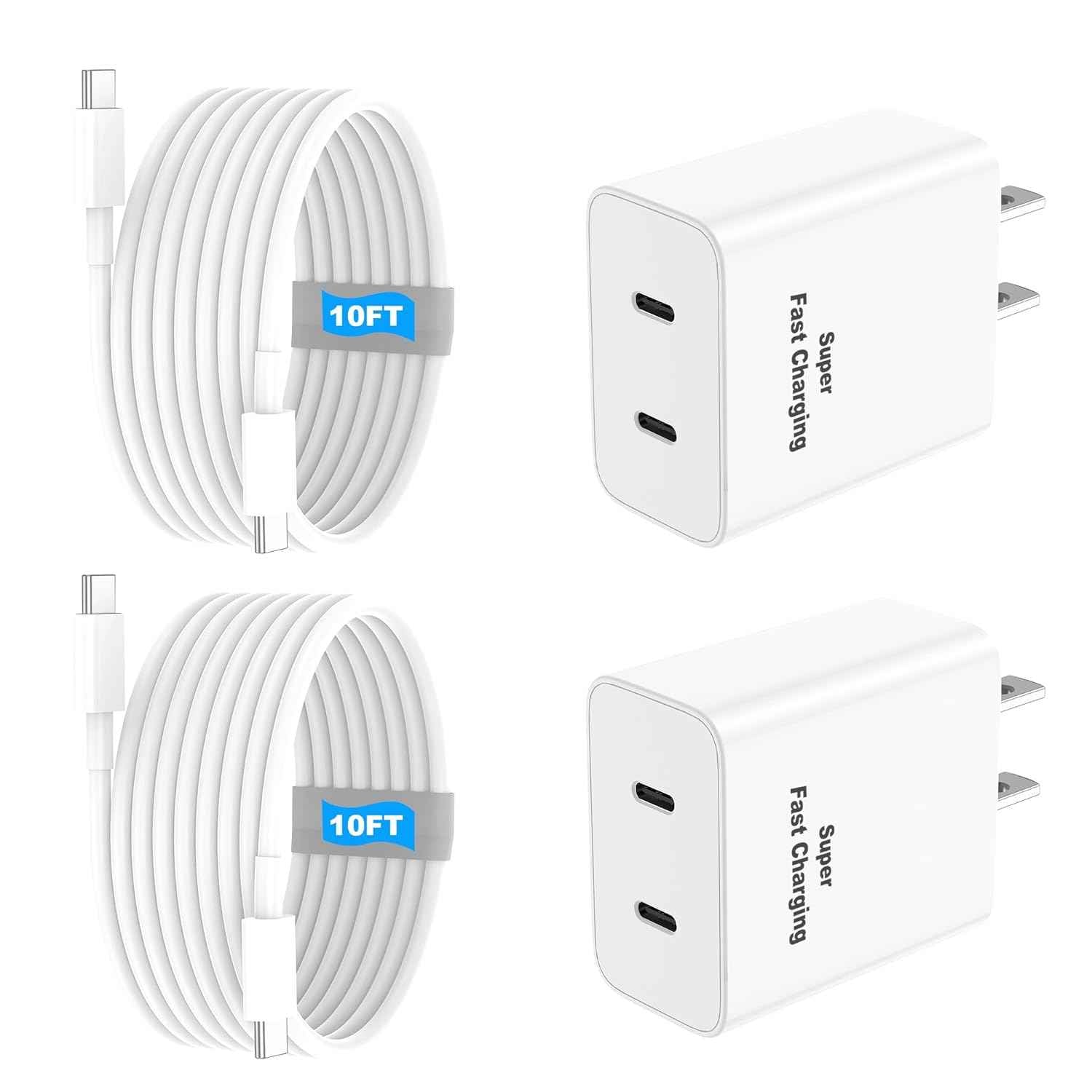 45W 2Pack Super Fast Charger USB C Dual Port Android Phone Charger Type C Fast Charging Block with 10FT Type-C Charger Cord for Samsung Galaxy S25/S25 Ultra/S25+/S24 Ultra/S24/S24+/S23/S22/iphone 17