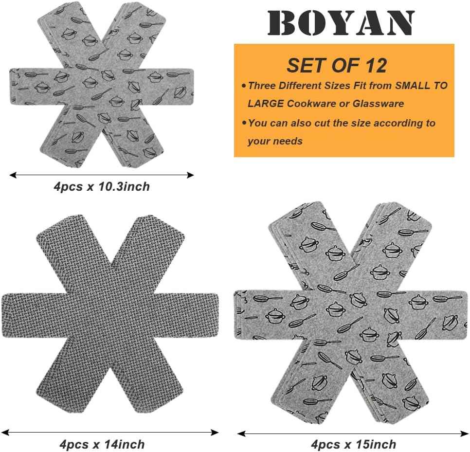 BOYAN Pot and Pan Protectors, Set of 12 and 3 Different Size, Cookware Protector Set/Felt Pots and Pans Divider Separator Pads Anti-Slip to Avoid Scratching or Marring When Stacking