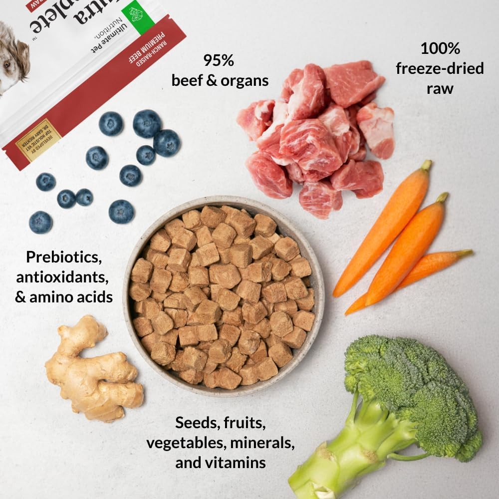 ULTIMATE PET NUTRITION 100% Freeze Dried Raw Veterinarian Formulated Dog Food with Antioxidants Prebiotics and Amino Acids 1 Pound Beef