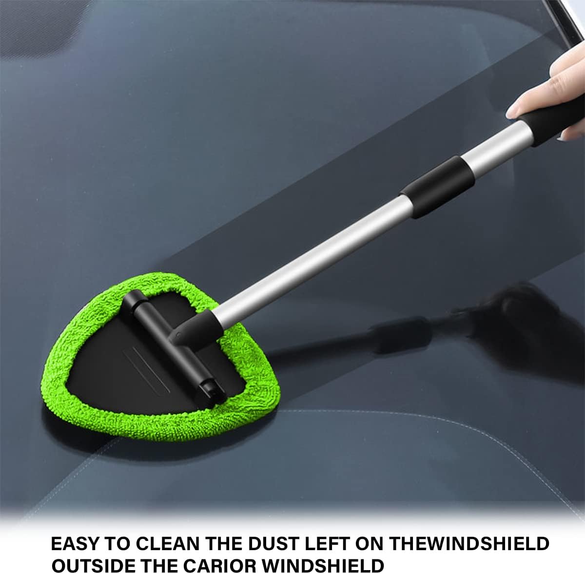Windshield cleaning tool with 4 washable microfiber pads, extendable long handle, and reusable cleaner kit for auto, office, and home in green