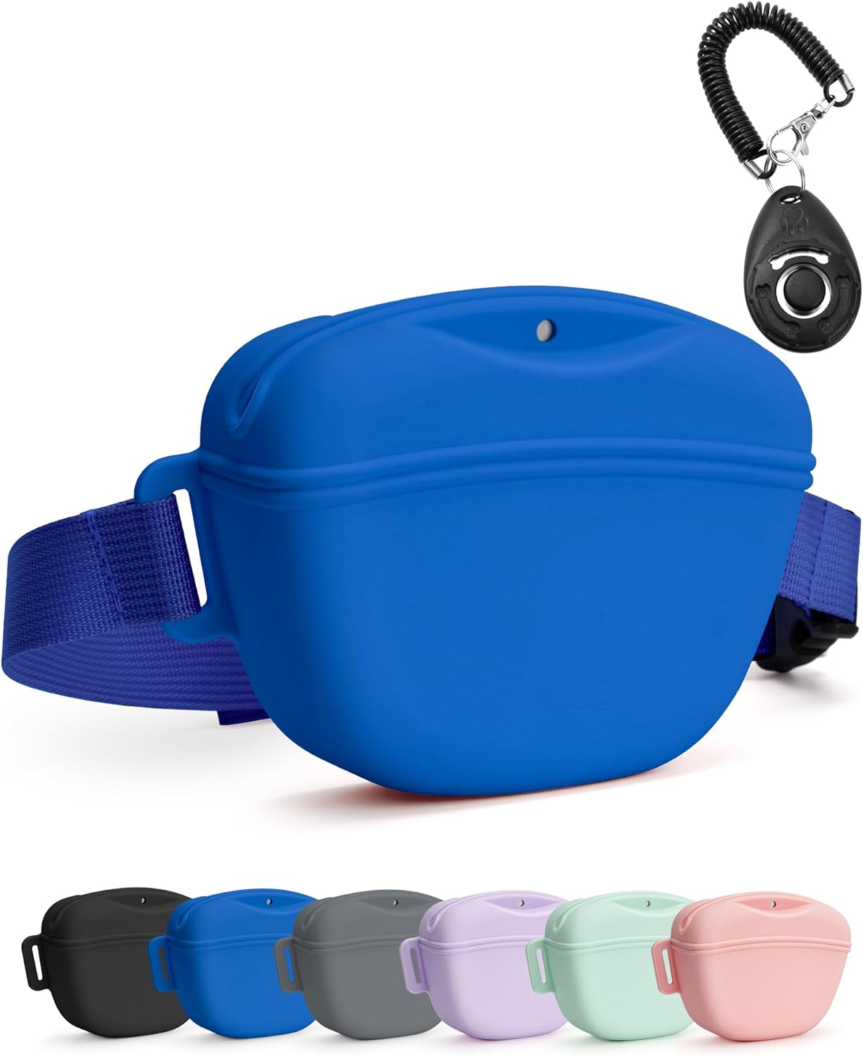 black dog treat pouch with training clicker, 1.67 cup silicone treat bag fanny pack, magnetic closure, waist belt for pet training walking
