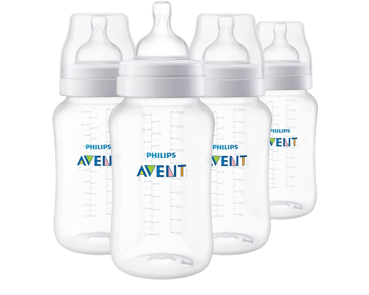 Philips Avent 9oz Anti-Colic Baby Bottle with AirFree Vent, 4pk, Clear, Flow 2 Nipples, 1m+