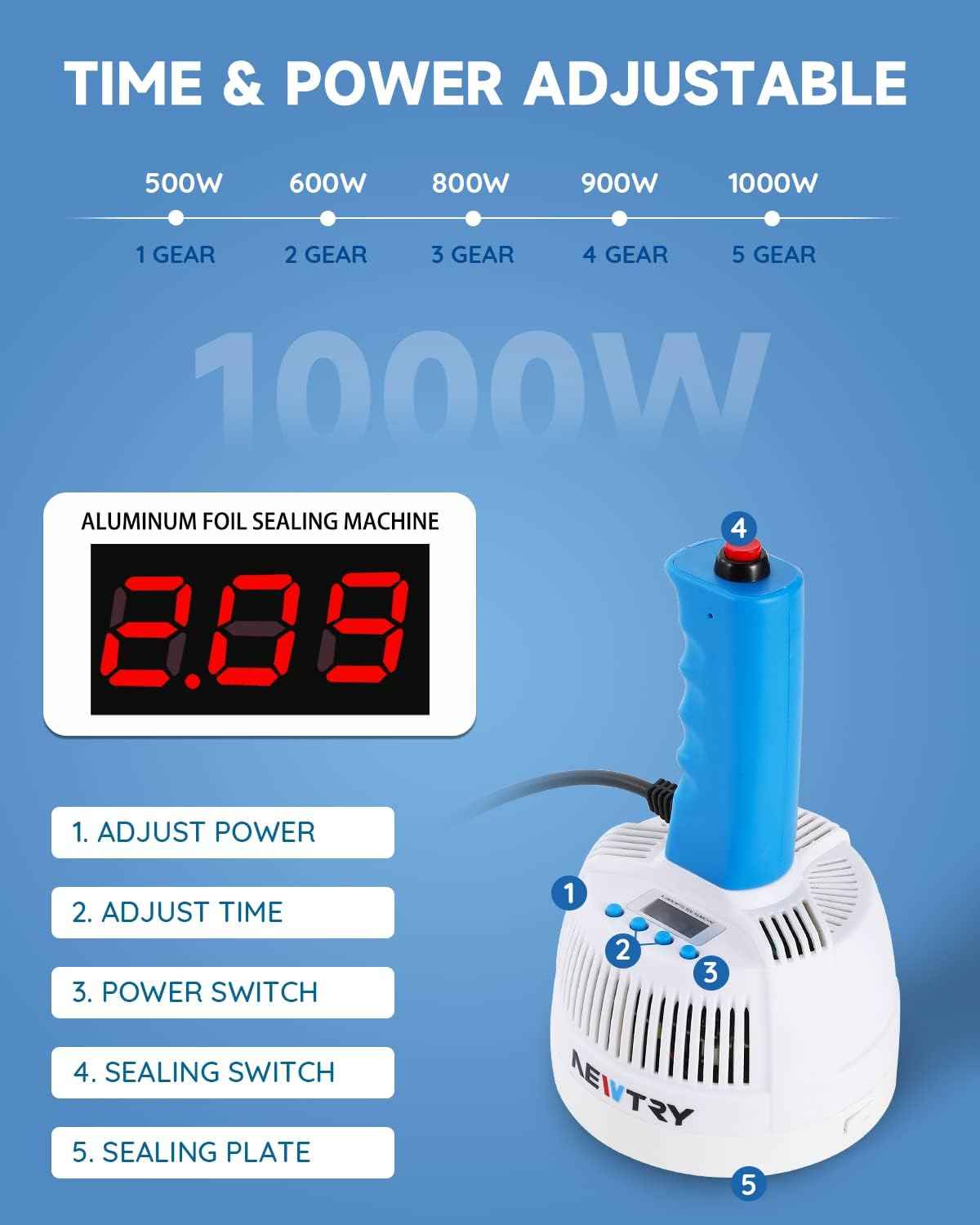 NEWTRY Induction Sealer 20-100mm Heat Handheld Sealing Machine Electromagnetic Bottle Cap Sealer Power & Time Adjustable for Plastic Glass Bottles Caps (110V)