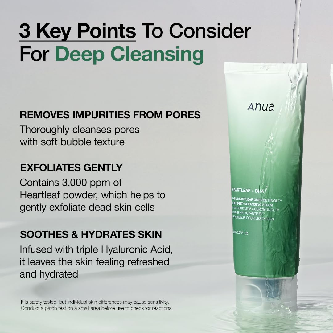 anua heartleaf quercetinol pore deep cleansing foam, gentle exfoliation, hydrating finish, 150ml/5.07 fl.oz, facial cleanser