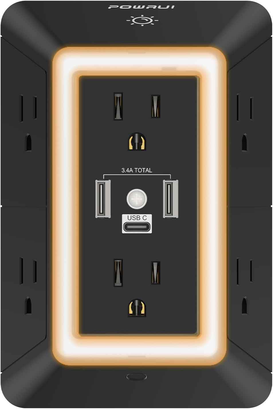 POWRUI Multi Plug 6 Outlet Surge Protector Extender with 3 USB Ports (1 USB C) and Night Light, 3-Sided Power Strip with Adapter Spaced Outlets, ETL Listed, White