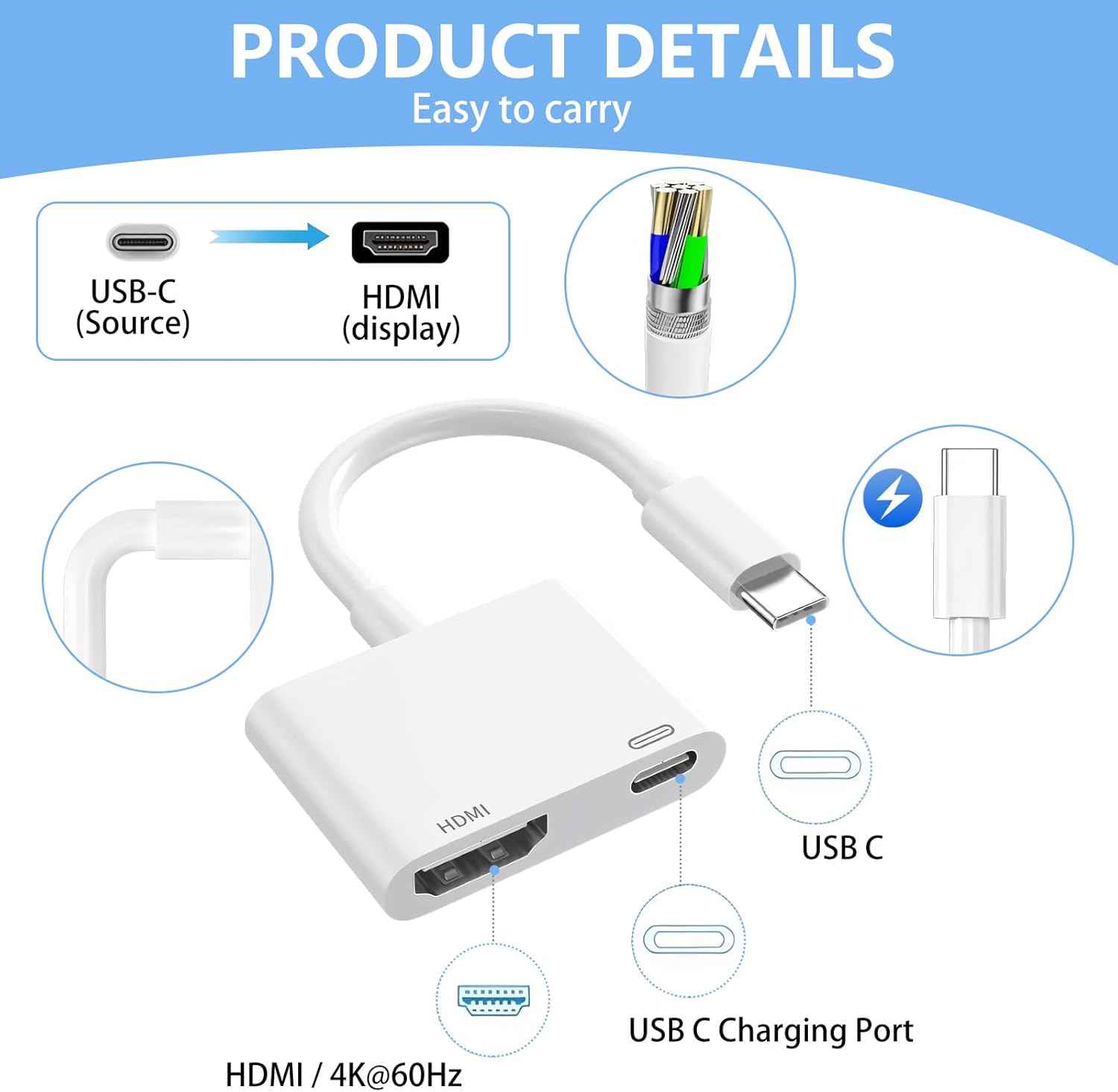 Kinhaly USB C to HDMI for TV, 4K@60Hz Type C to HDMI Adapter with Charging Port, iPhone to Hdmi to USB C Adapter Compatible for iPhone 16/15 Series/iPad Pro/Galaxy/MacBook Pro to HDTV Projector