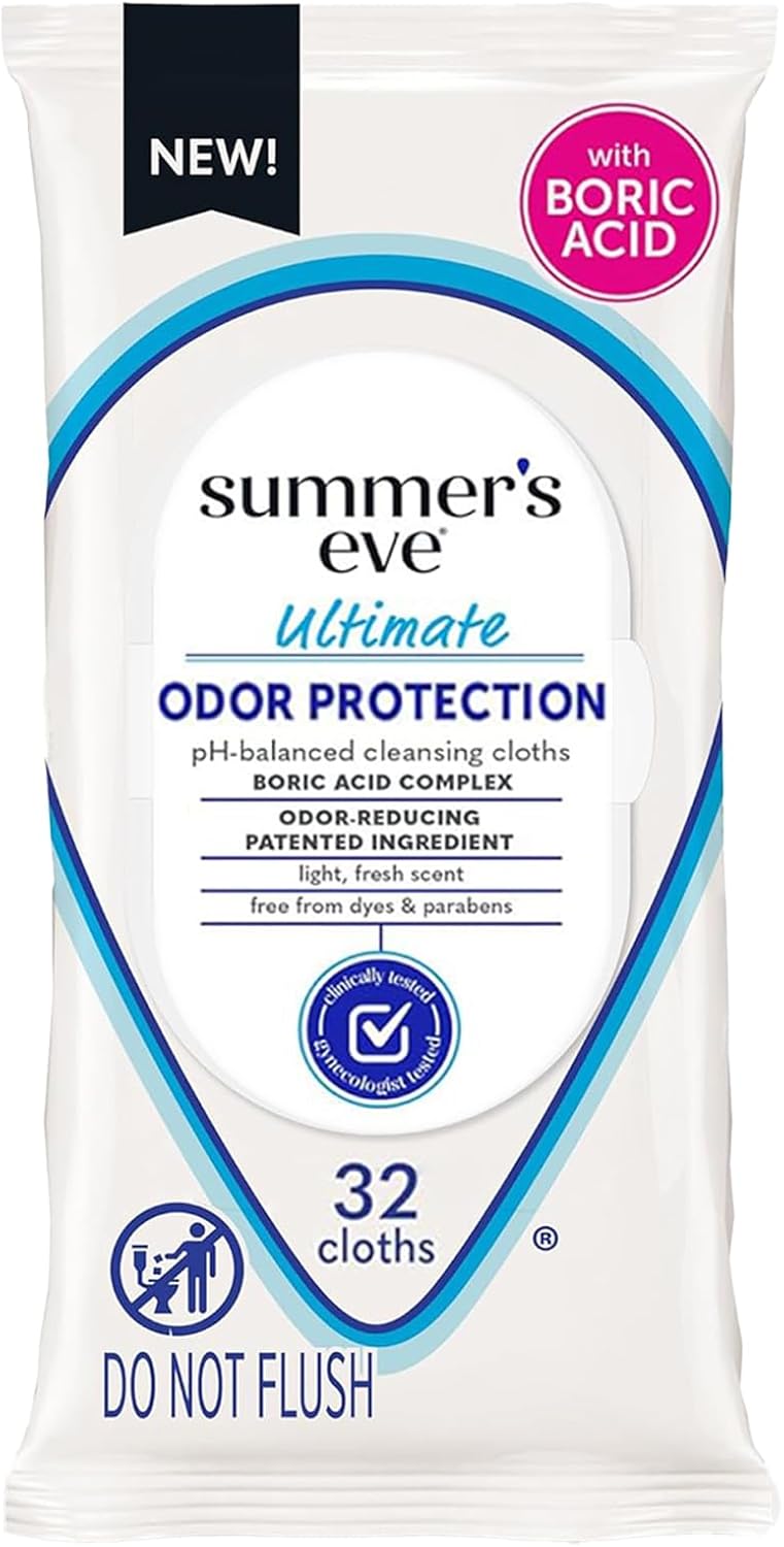 Summer's Eve fragrance-free feminine wipes, gentle pH-balanced micellar water formula for vaginal odor control, resealable pack, 32 wipes