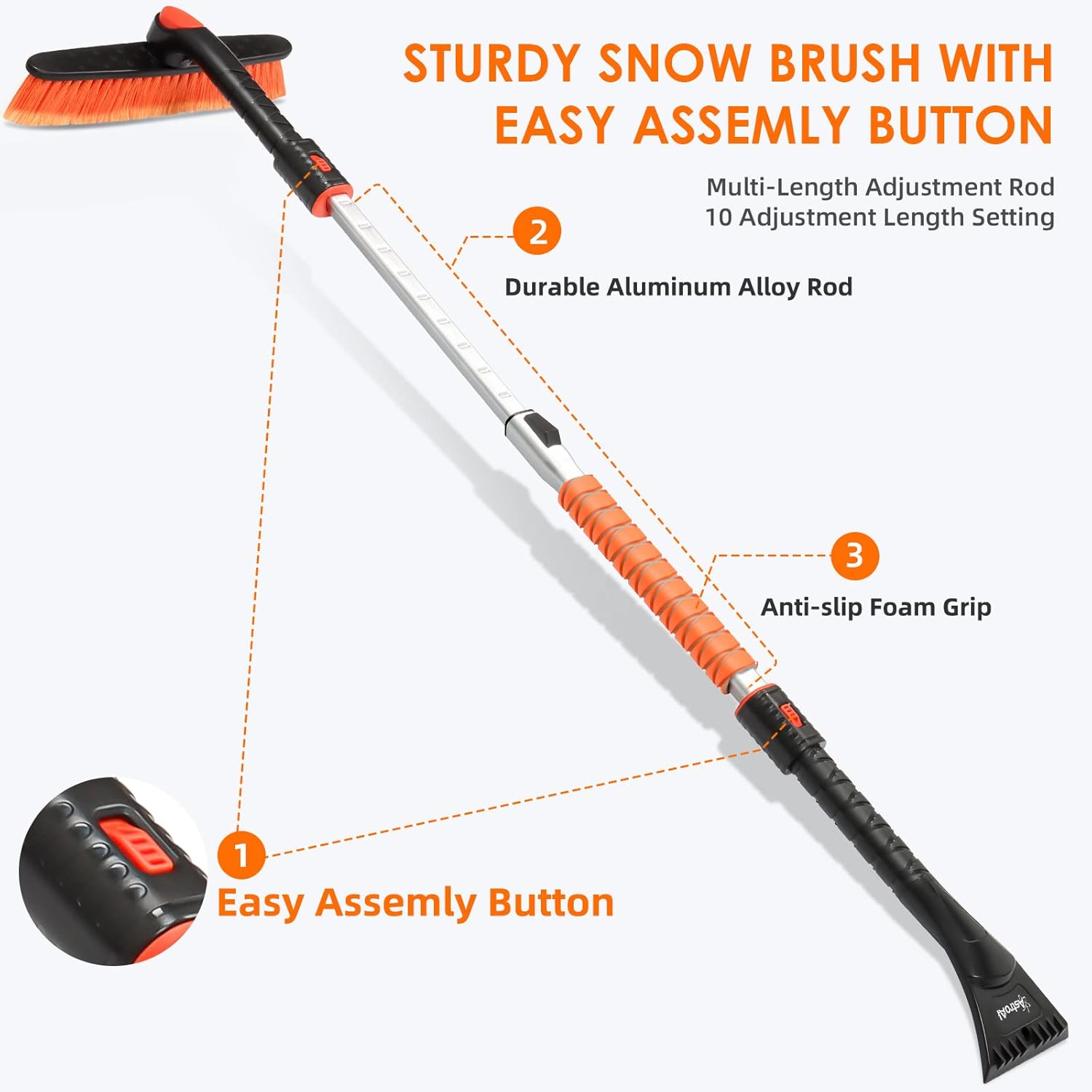astroai 47.2 inch ice scraper with extendable snow brush and 360° pivoting head for cars and trucks (orange)