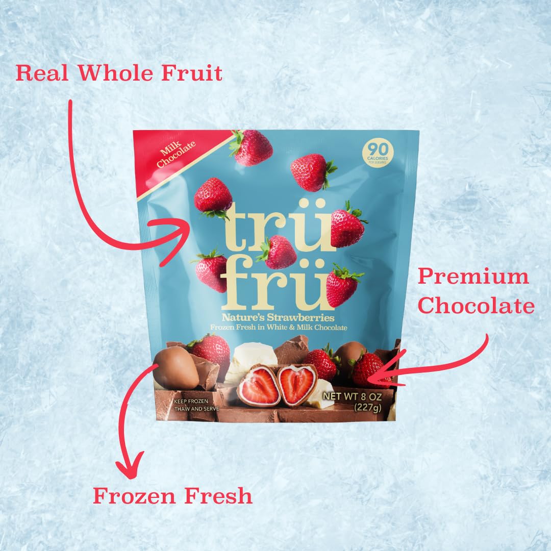 trufru natures strawberries hyper-chilled white milk chocolate 8 ounce bag