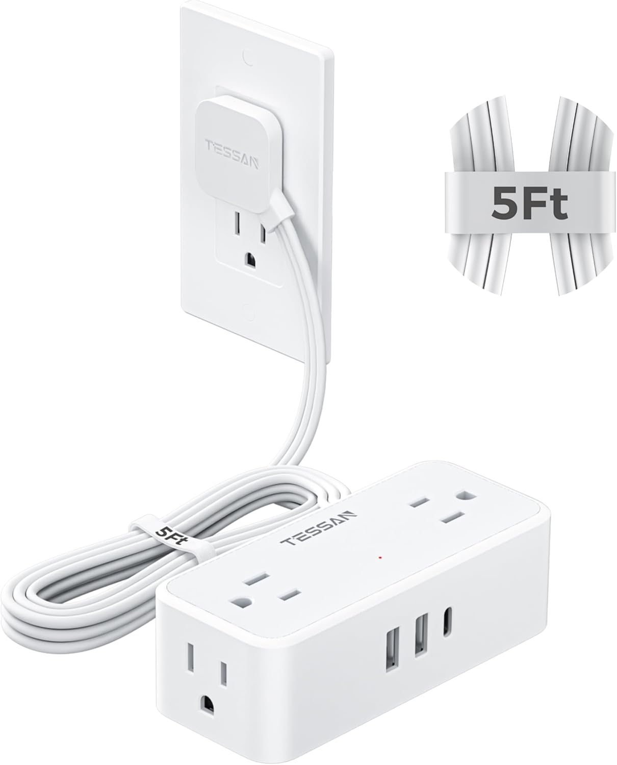TESSAN 5 FT flat plug extension cord with 4 AC outlets and 3 USB ports for home office or dorm