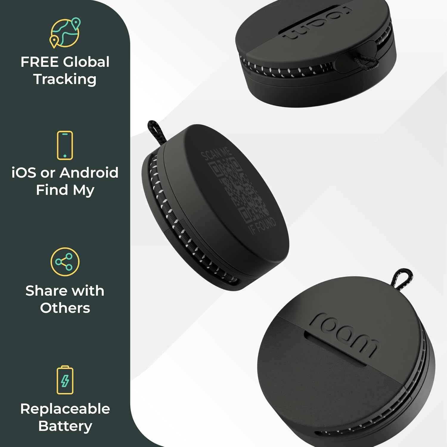 ROAM SMART TRACKER - Bluetooth Tracker & Item Locator for Keys, Wallet, Luggage, Kid & Pet Gear, (iOS, Android Compatible), No App or Subscription, Fast Setup, Waterproof | 2-Pack, Black & Blue