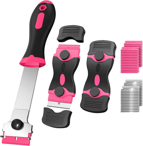 3 Pack Razor Blade Scraper Set, Includes 30 Plastic & 30 Metal Blades, Multi-Purpose Tool for Glass, Cooktop, Sticker Removal, Paint & Gum Cleaning (Pink)