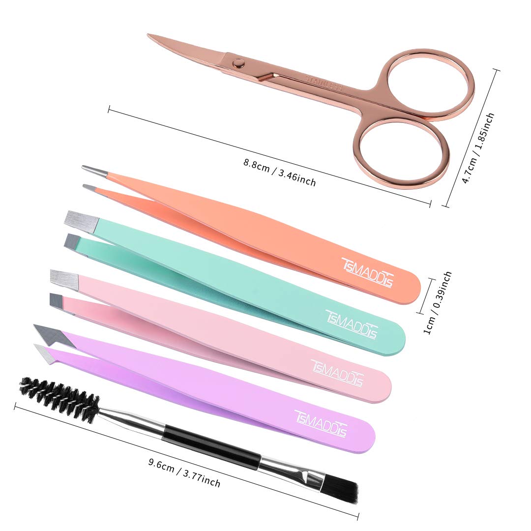 TsMADDTs 6 PCS Stainless Steel Tweezers Set for Women with Curved Scissor and Leather Travel Case