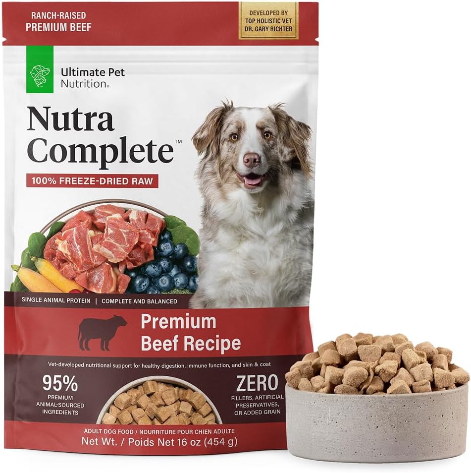 ULTIMATE PET NUTRITION 100% Freeze Dried Raw Veterinarian Formulated Dog Food with Antioxidants Prebiotics and Amino Acids 1 Pound Beef