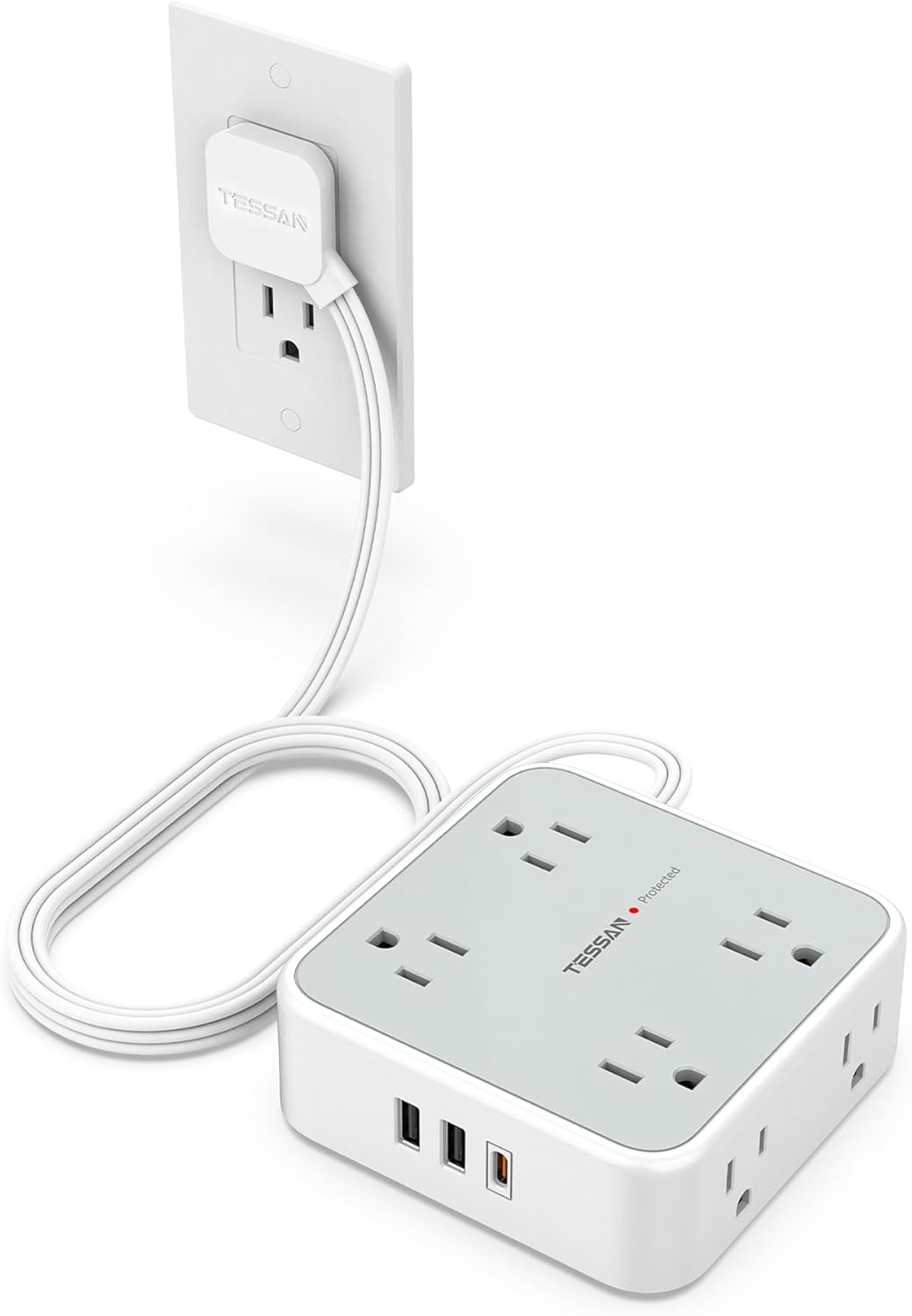 TESSAN 5 Ft flat plug extension cord with 3 USB, 8 outlets, 900J surge protection for office, dorm room essentials