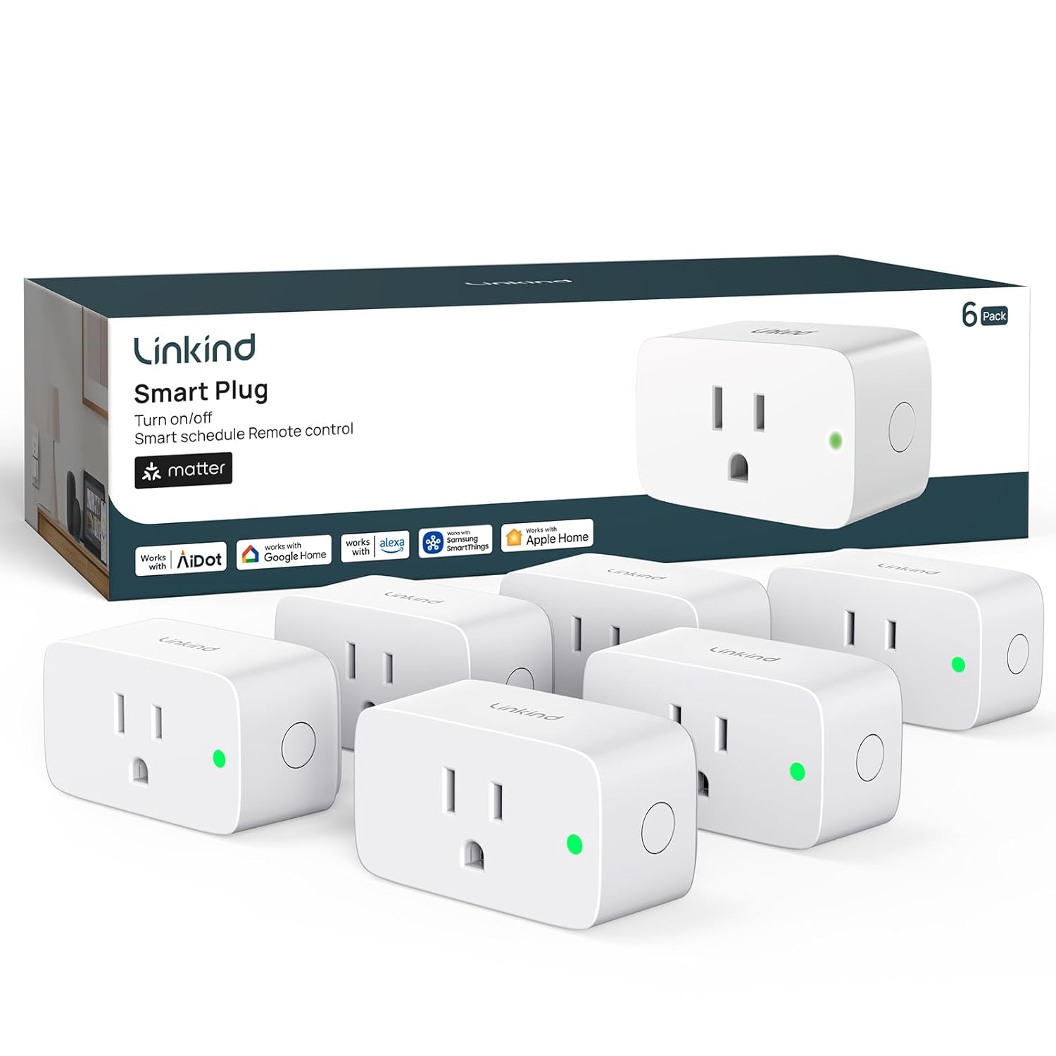 linkind matter smart plug, work with apple home, alexa, google, smartthings, 15a/1800w, app remote control & schedule