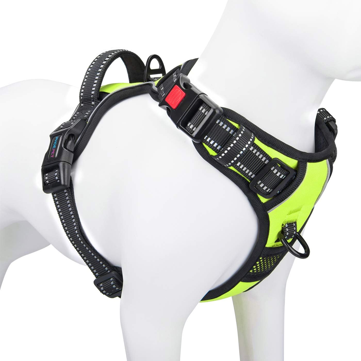 phoepet medium reflective dog harness with handle adjustable 2 metal rings orange