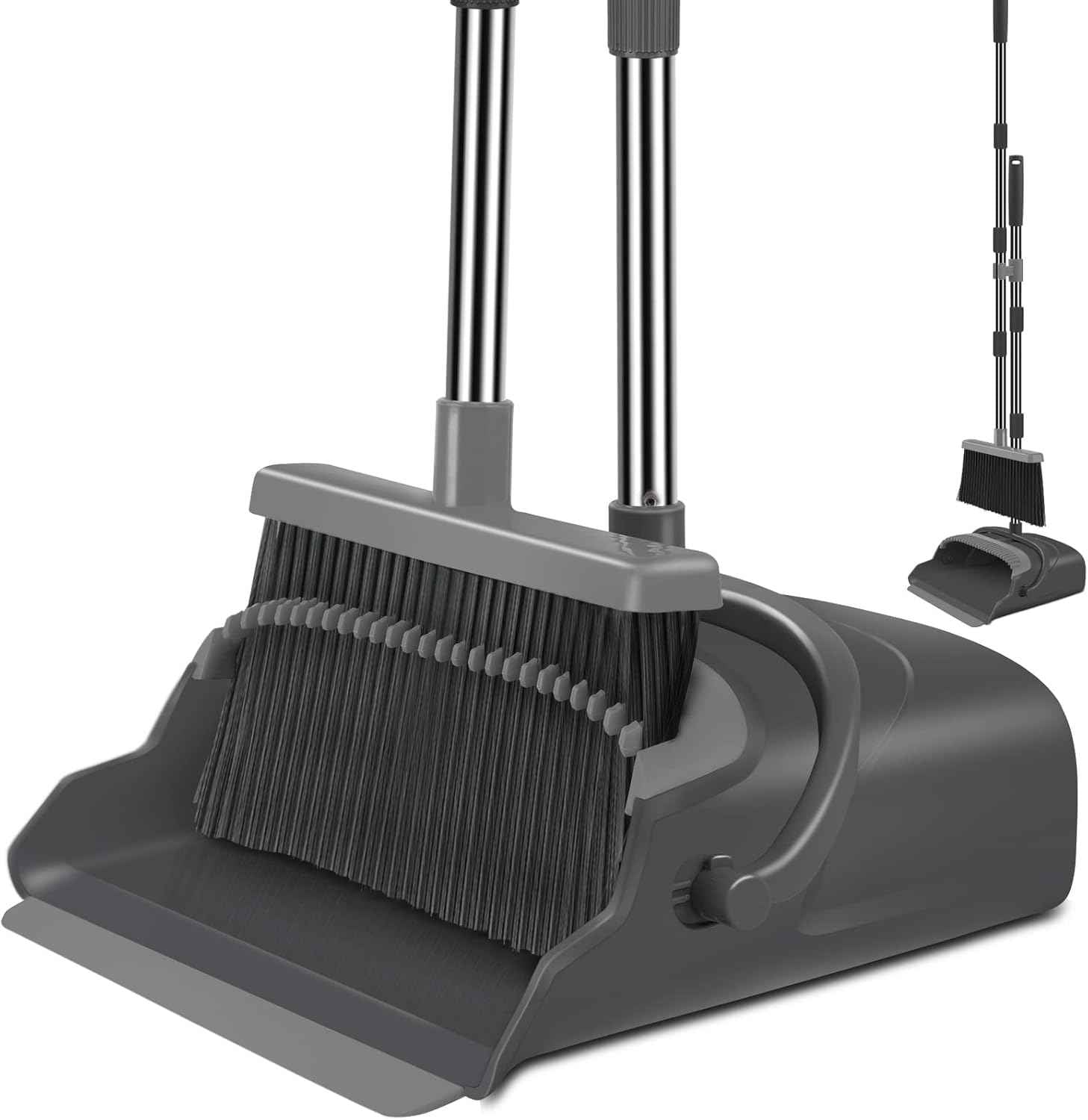 kelamayi Upgrade Broom and Dustpan Set, Self-Cleaning with Dustpan Teeth, Ideal for Dog Cat Pets Home Use, Super Long Handle Upright Stand Up Broom and Dustpan Set (Brown)