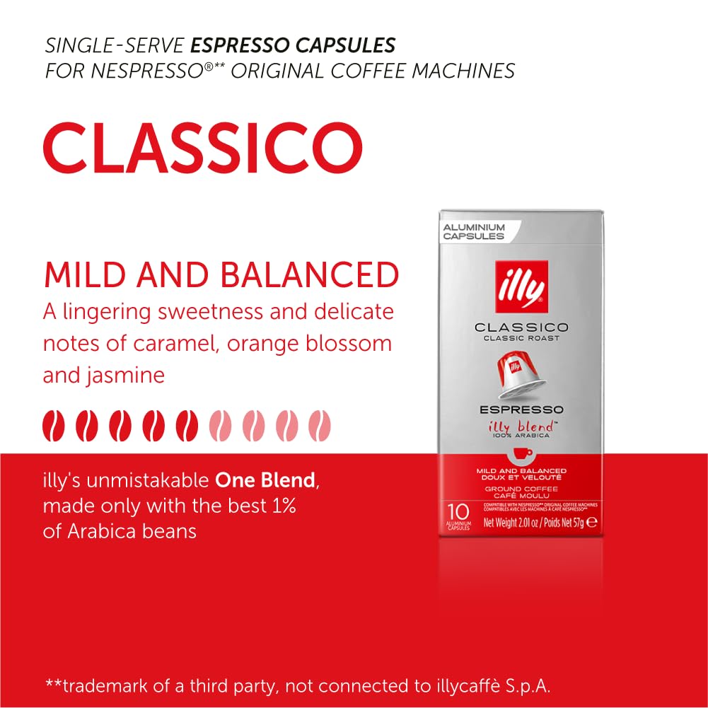 illy Espresso Classico Roast Single-Serve Coffee Capsules & Pods 10 Count Notes Of Caramel Orange Blossom & Jasmine