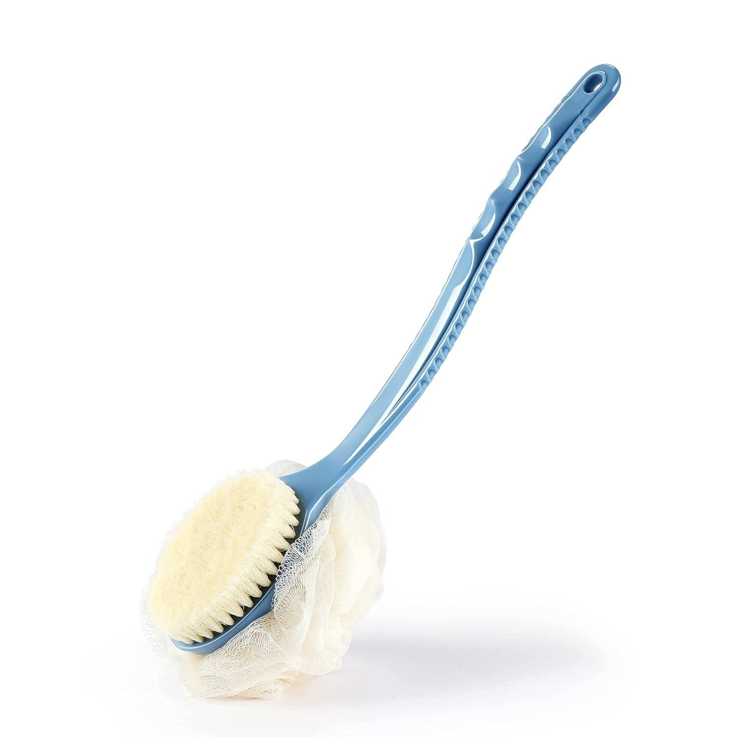 Shower body brush with bristles and loofah for skin exfoliating bath, curved long handle for back and feet, suitable for wet or dry use, men and women, blue