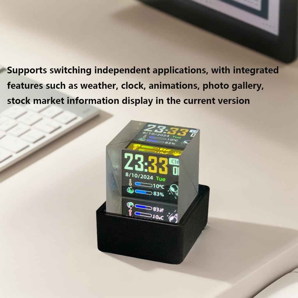 HolaCube WiFi Holographic Crystal 3D Photo Display, Smart Weather Station & Digital Clock with GIF Animations and Electronic Image Album Player for Desktop/Car Décor (Black Base)