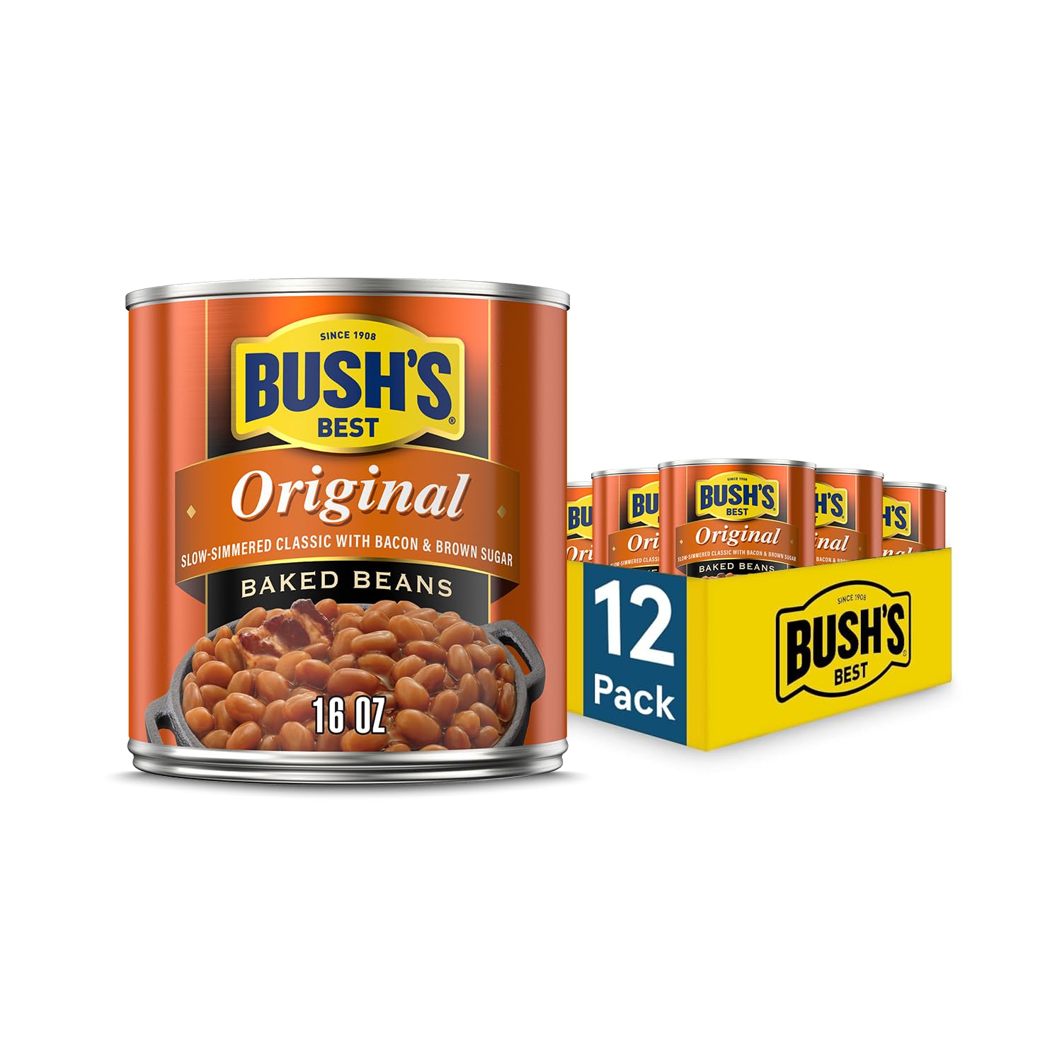 Bush's Best 16 oz canned original baked beans, plant-based protein, fiber, low fat, gluten free, 12 pack
