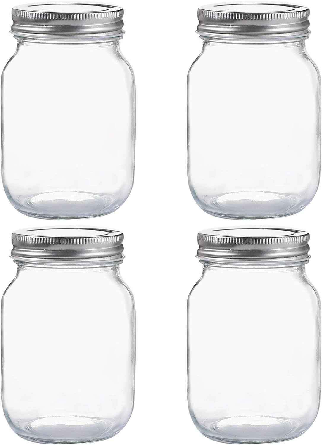 YINGERHUAN Glass Regular Mouth Mason Jars, 16 oz Clear Glass Jars with Silver Metal Lids for Sealing, Canning Jars for Food Storage, Overnight Oats, Dry Food, Snacks, Candies, DIY Projects (4PACK)
