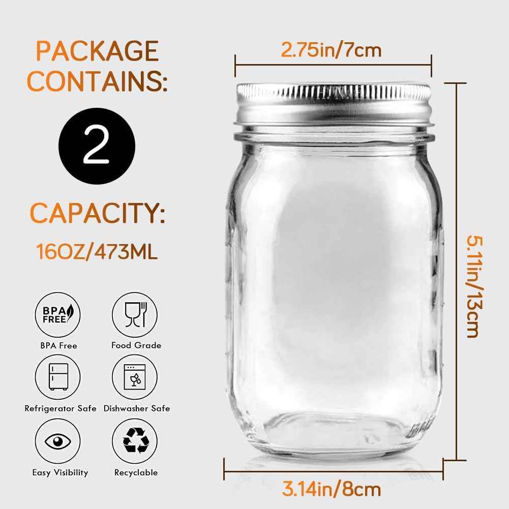 Showvigor 2 Pack Regular Mouth Mason Jars 16oz Glass Canning Jars with Airtight Lids for Preserving, Jam, Honey, Jelly, Wedding Favors, Sauces, Meal Prep, Overnight Oats, Salad