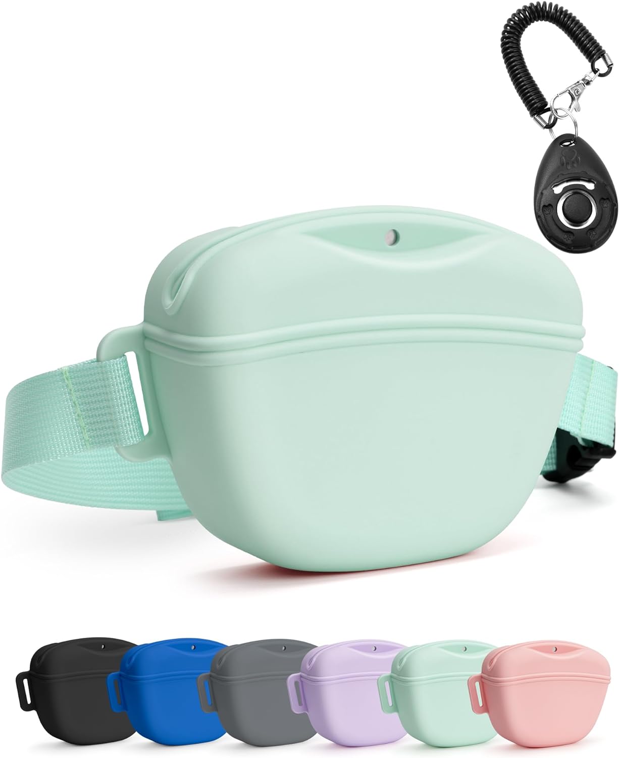black dog treat pouch with training clicker, 1.67 cup silicone treat bag fanny pack, magnetic closure, waist belt for pet training walking