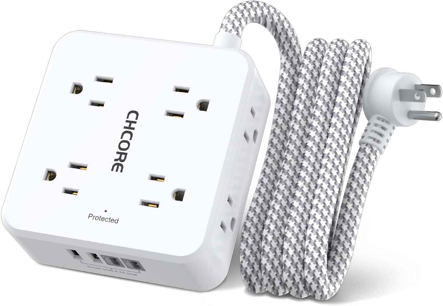 Surge Protector Power Strip - CHCORE 5Ft Braided Extension Cord with 8 Outlets with 4 USB (2 USB C) Charging Ports, Flat Plug Multi Plug Outlet Extender Charging Station for Home Office, ETL, White