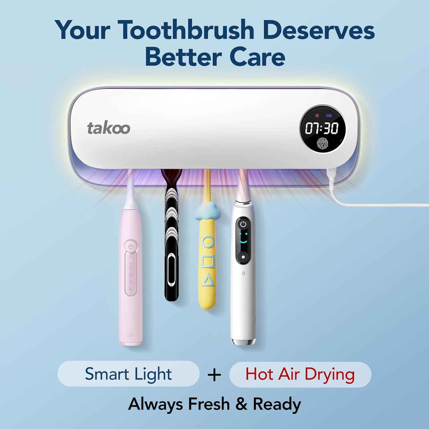 Takoo Toothbrush Cleaner, 4 Slots Wall Mounted Toothbrush Holder for Bathroom, Smart Hot Air Drying Technology, Rechargeable Smart Home Gadget