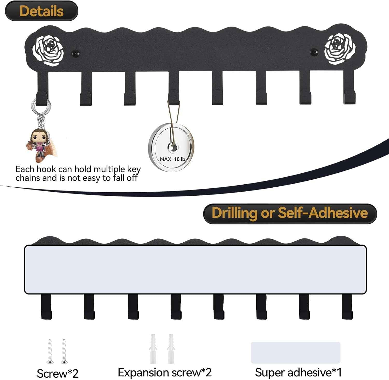 Key Holder Hooks Organizer Hanger Rack Wall Mounted with 8 Hooks, Adhesive Key Holder for Wall, No Drill Modern Key Holder Wall Mount, for Entryway, Kitchen, Hallway, RV Decor （Medium）