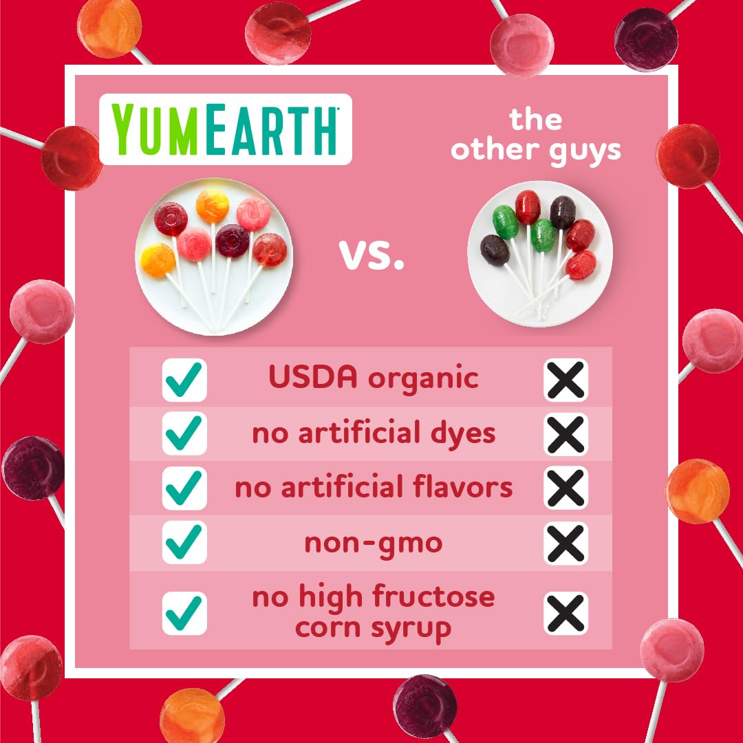 yumearth organic pops variety pack, 60 fruit flavored lollipops, allergy friendly, gluten free, non-gmo, vegan, no artificial dyes