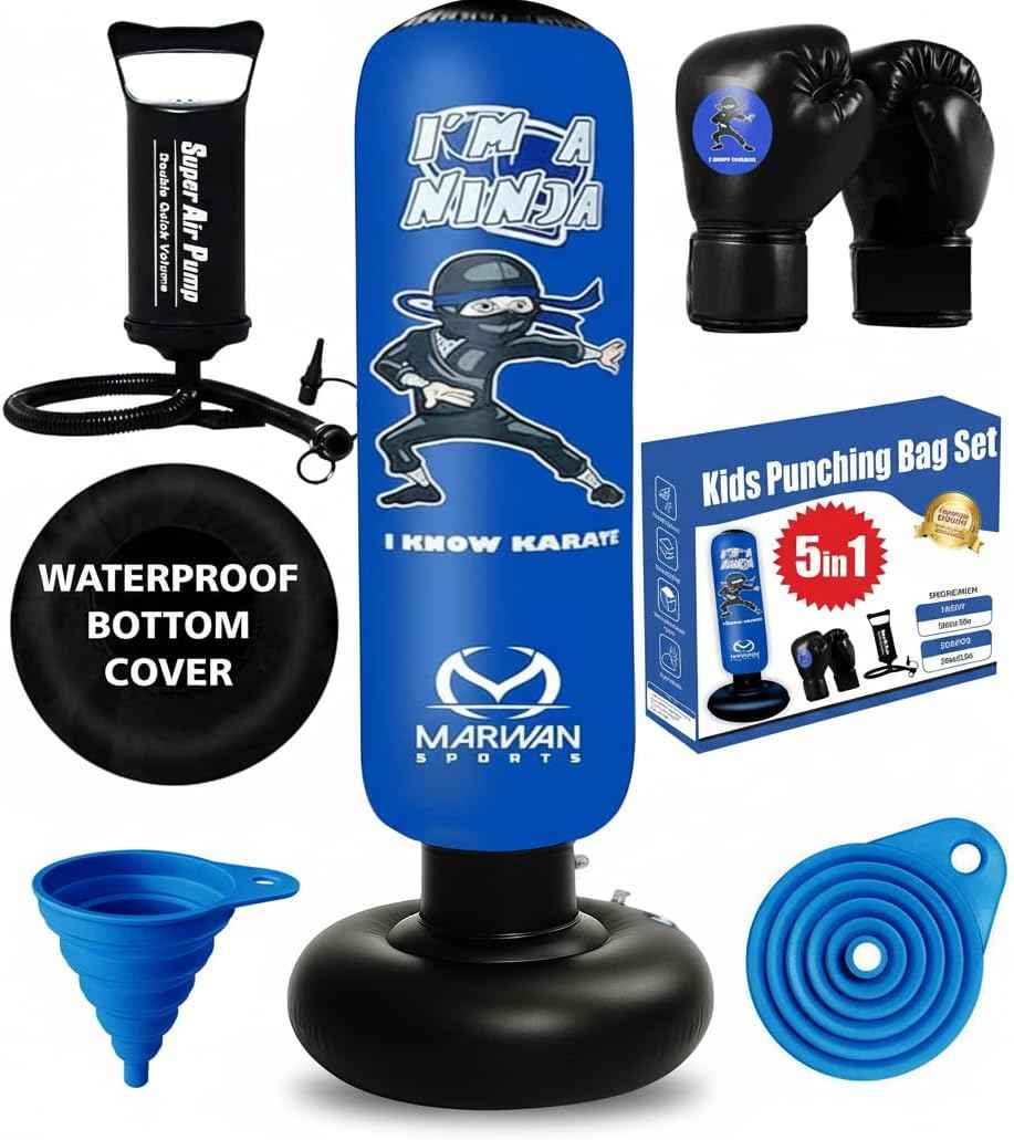 Marwan Sports 5-in-1 Inflatable Punching Bag for Kids – 63" Karate Toy Set with Boxing Gloves, Durable Fast Rebound, Active Play, Stress Relief Christmas/Birthday Gift for Boys & Girls Ages 4-12