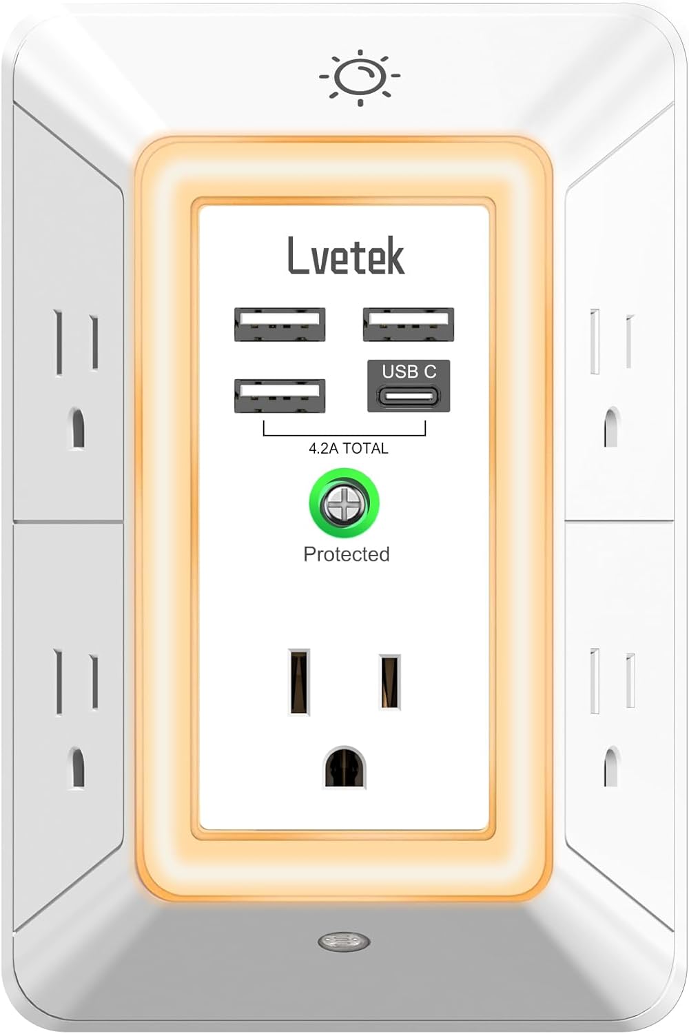 5 outlet wall extender with 4 USB charging ports, 3-sided surge protector, ETL listed, white