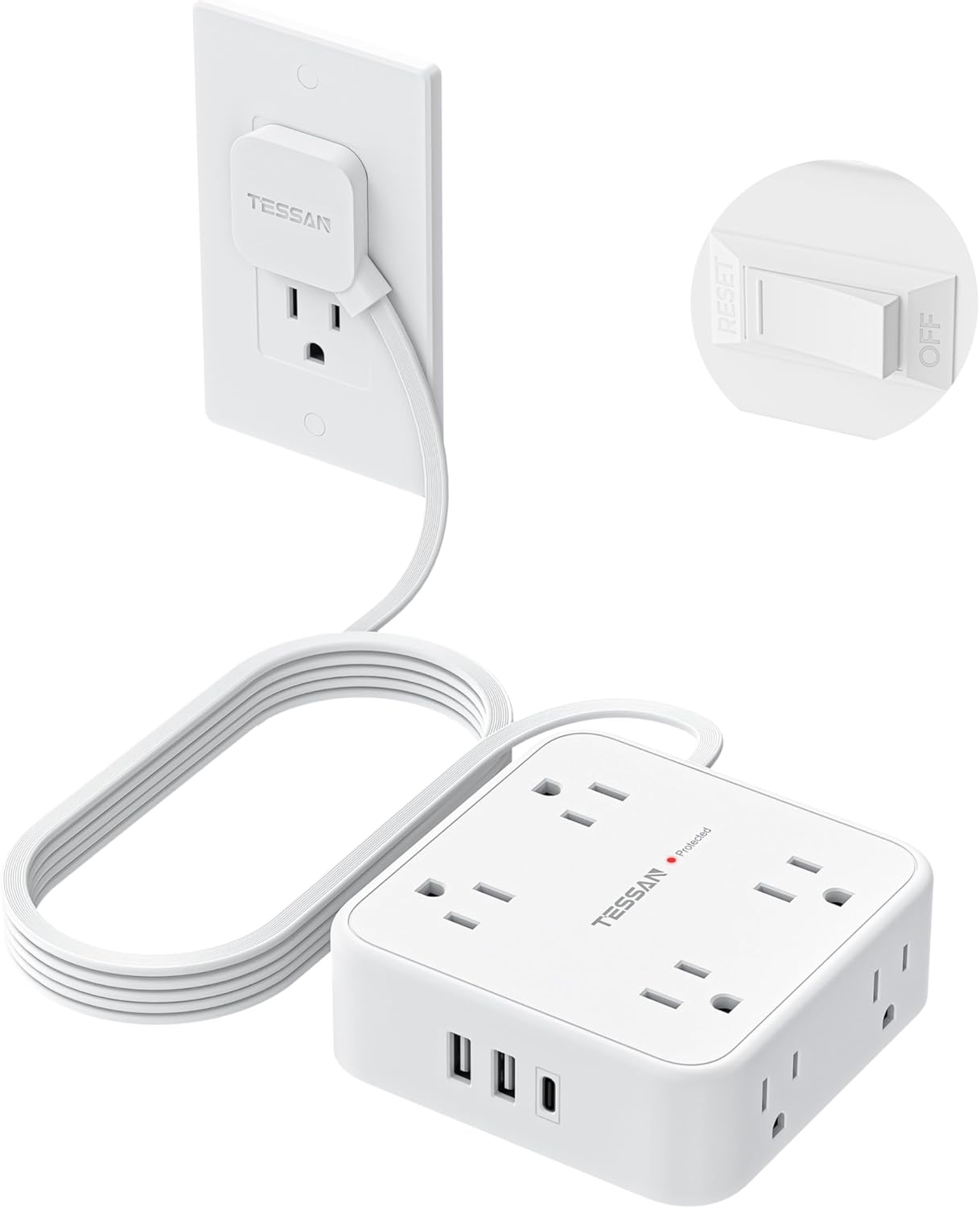 TESSAN 5 Ft flat plug extension cord with 3 USB, 8 outlets, 900J surge protection for office, dorm room essentials