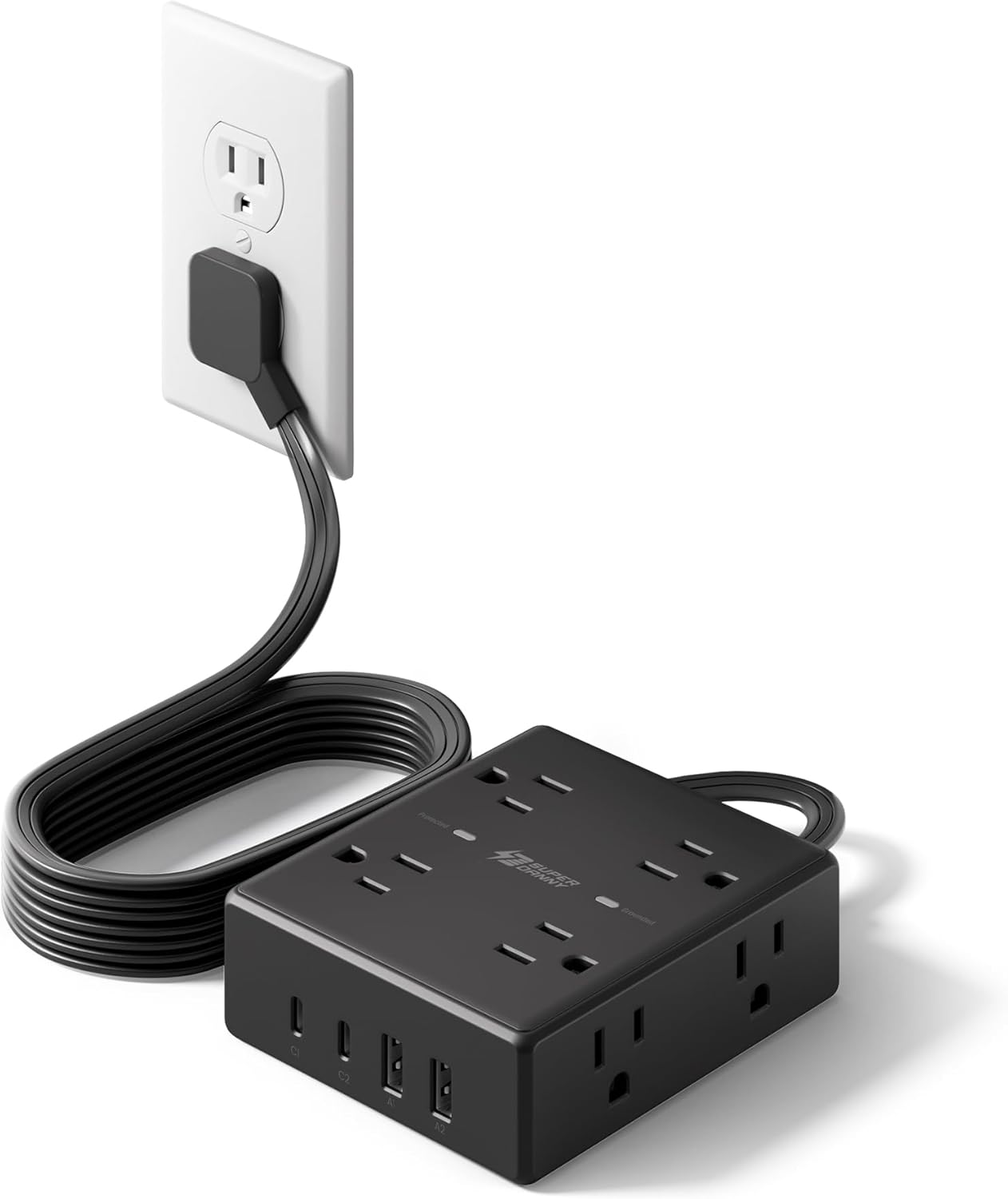 SUPERDANNY 10Ft Flat Plug Surge Protector Power Strip with 8 Outlets, 4 USB Ports, and Desk Charging Station