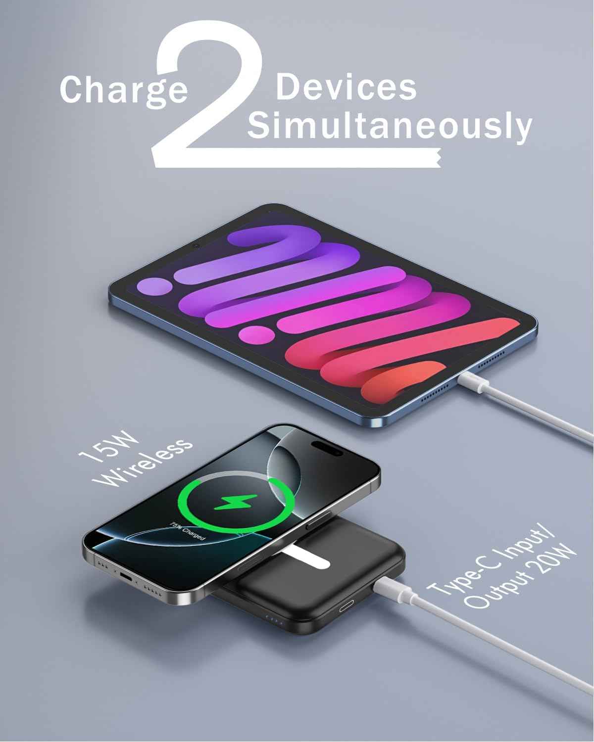podoru for Magsafe Battery Pack, 5000mAh Magnetic Power Bank with Type-C Cable 20W PD Fast Charging Lighting Input Wireless Portable Charger for iPhone 17/16/15/14/13/12/ All Series-Black