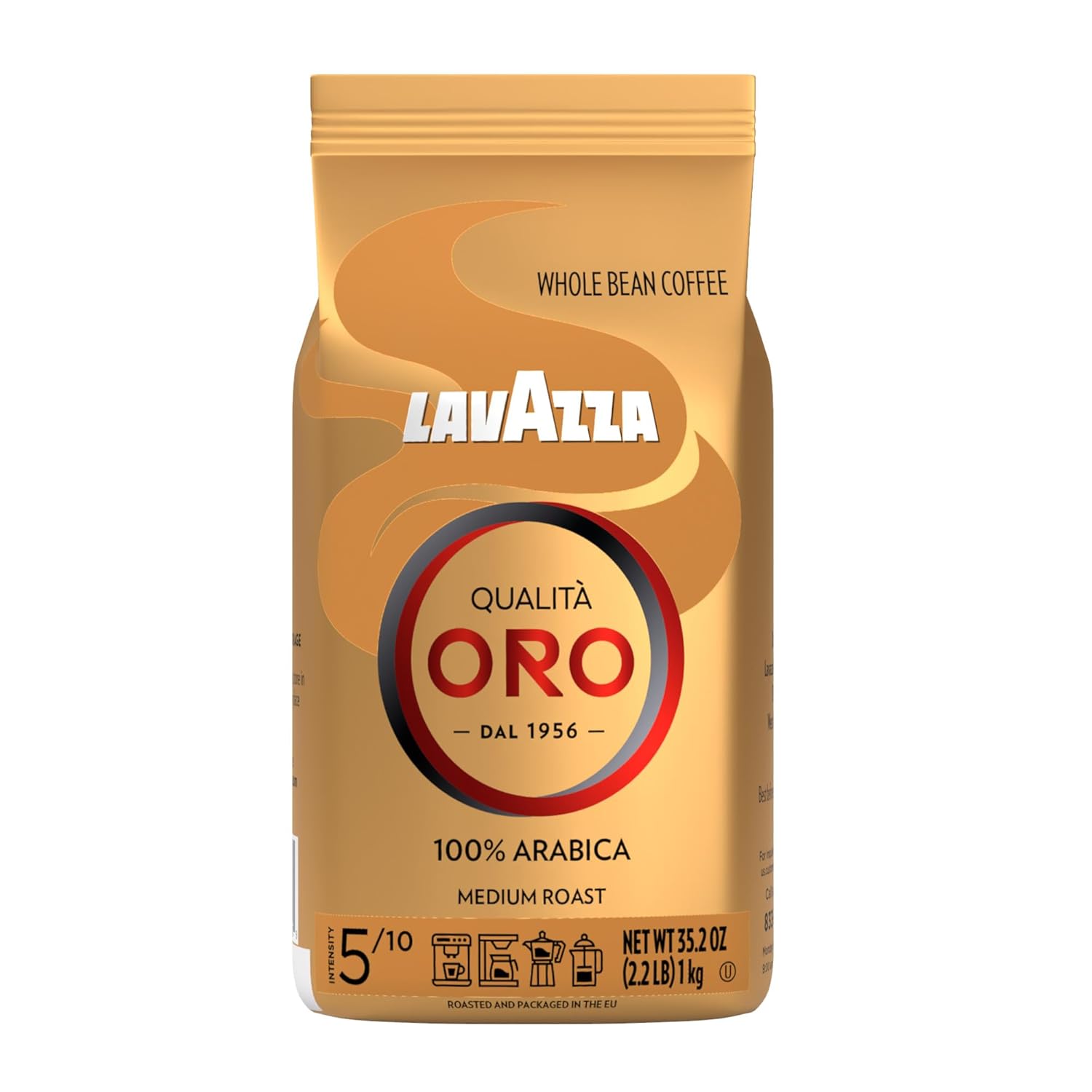 Lavazza Qualità Oro whole bean blend, medium roast, 2.2 pounds, 100% Arabica, Central America & African highland origins, fruity and aromatic