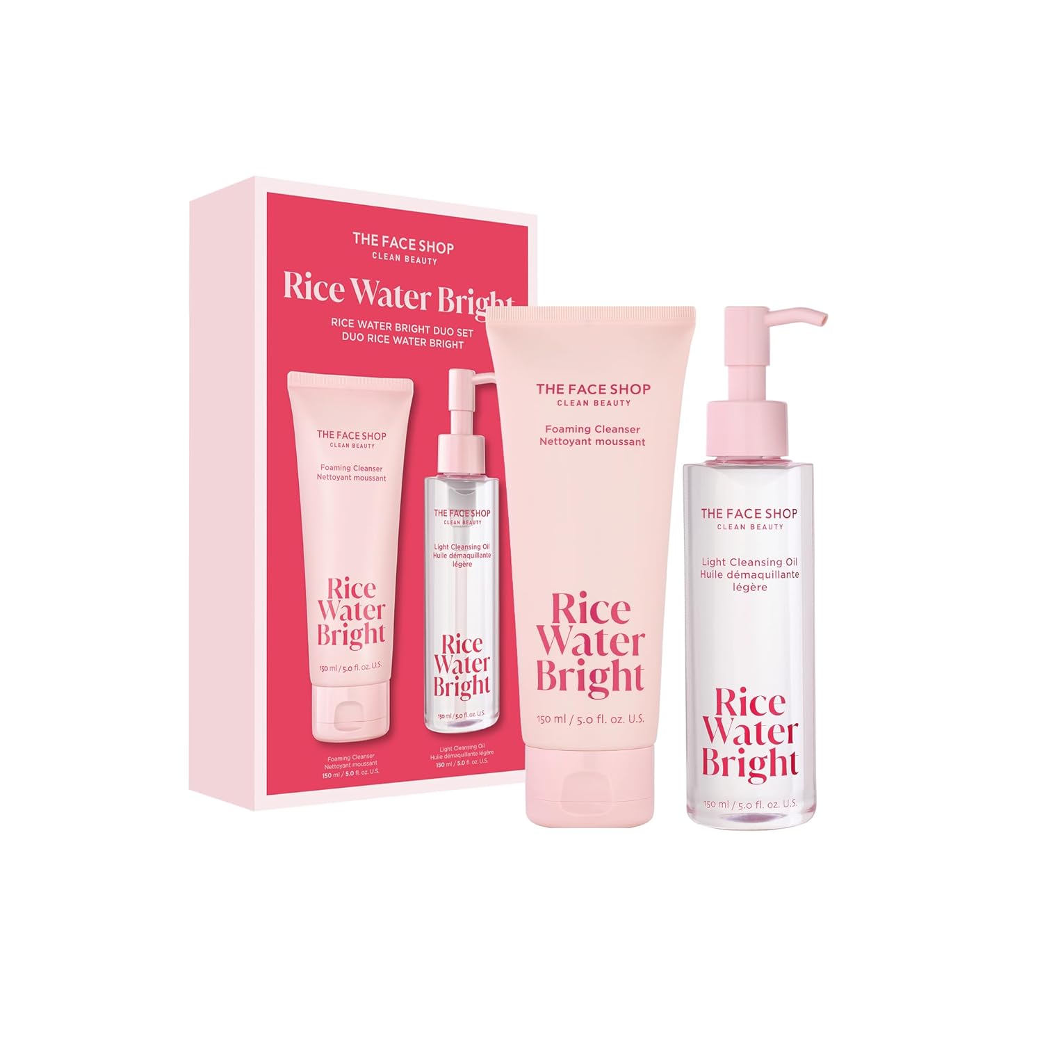 The Face Shop Rice Water Bright Double Cleansing Duo Set with Ceramide, Korean Skincare, Gentle Face Wash, Pore Control Cleansing Oil, Hydrating, Moisturizing