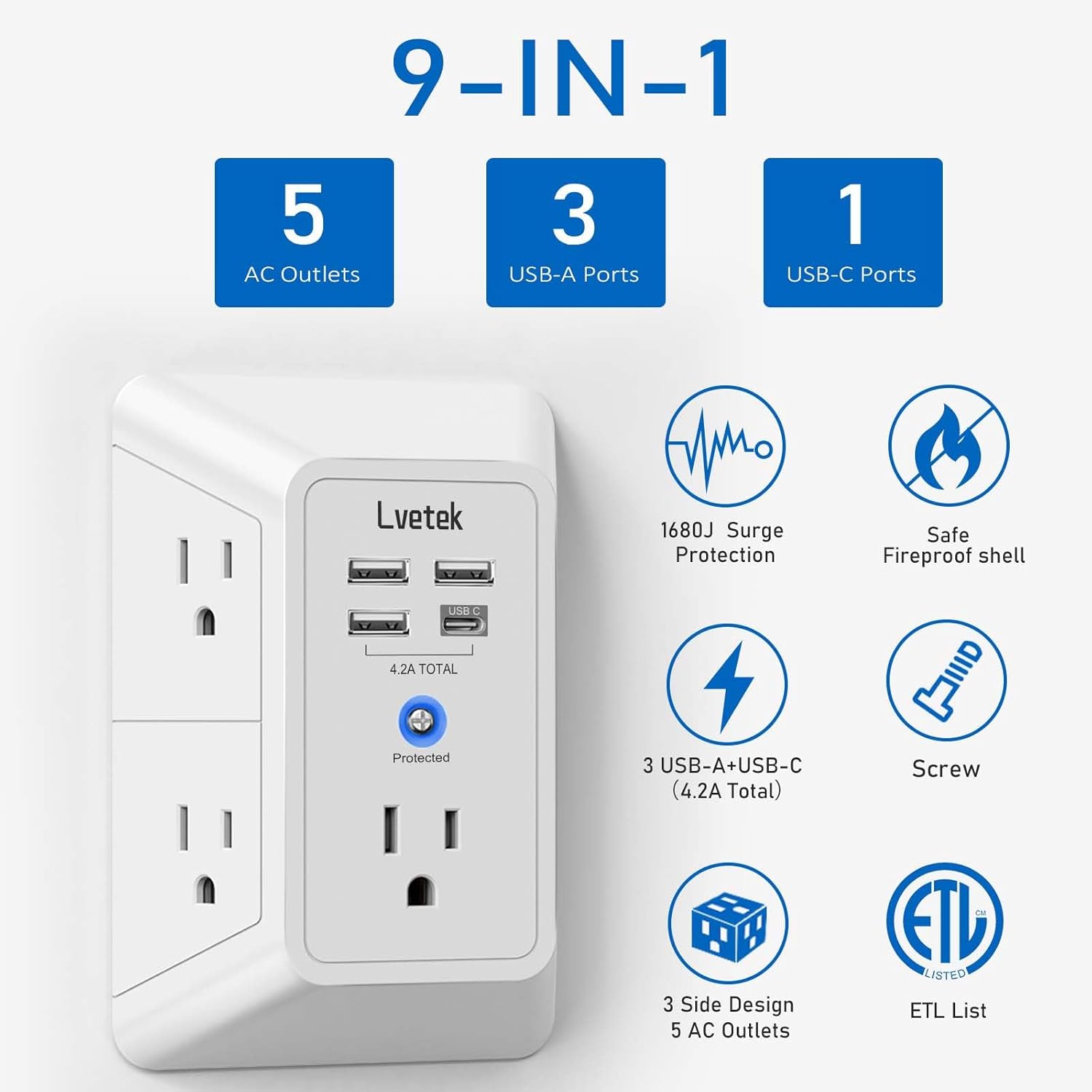 5 outlet wall extender with 4 USB charging ports, 3-sided surge protector, ETL listed, white