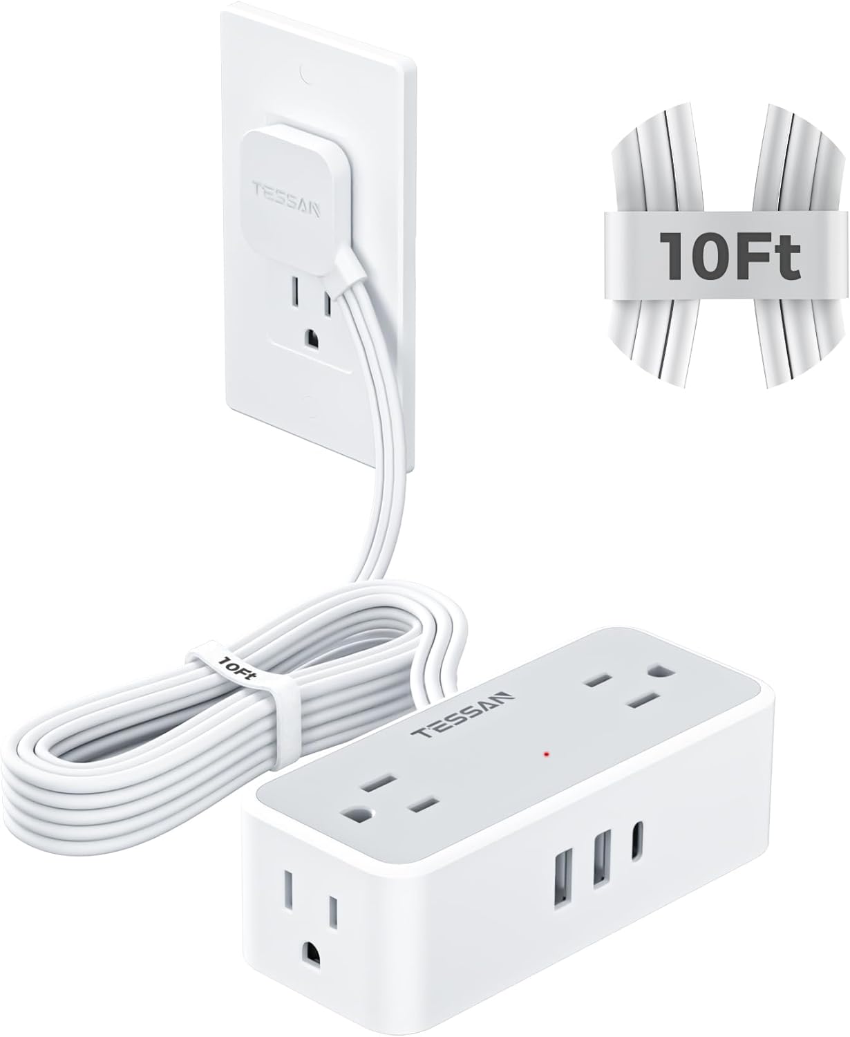 TESSAN 5 FT flat plug extension cord with 4 AC outlets and 3 USB ports for home office or dorm