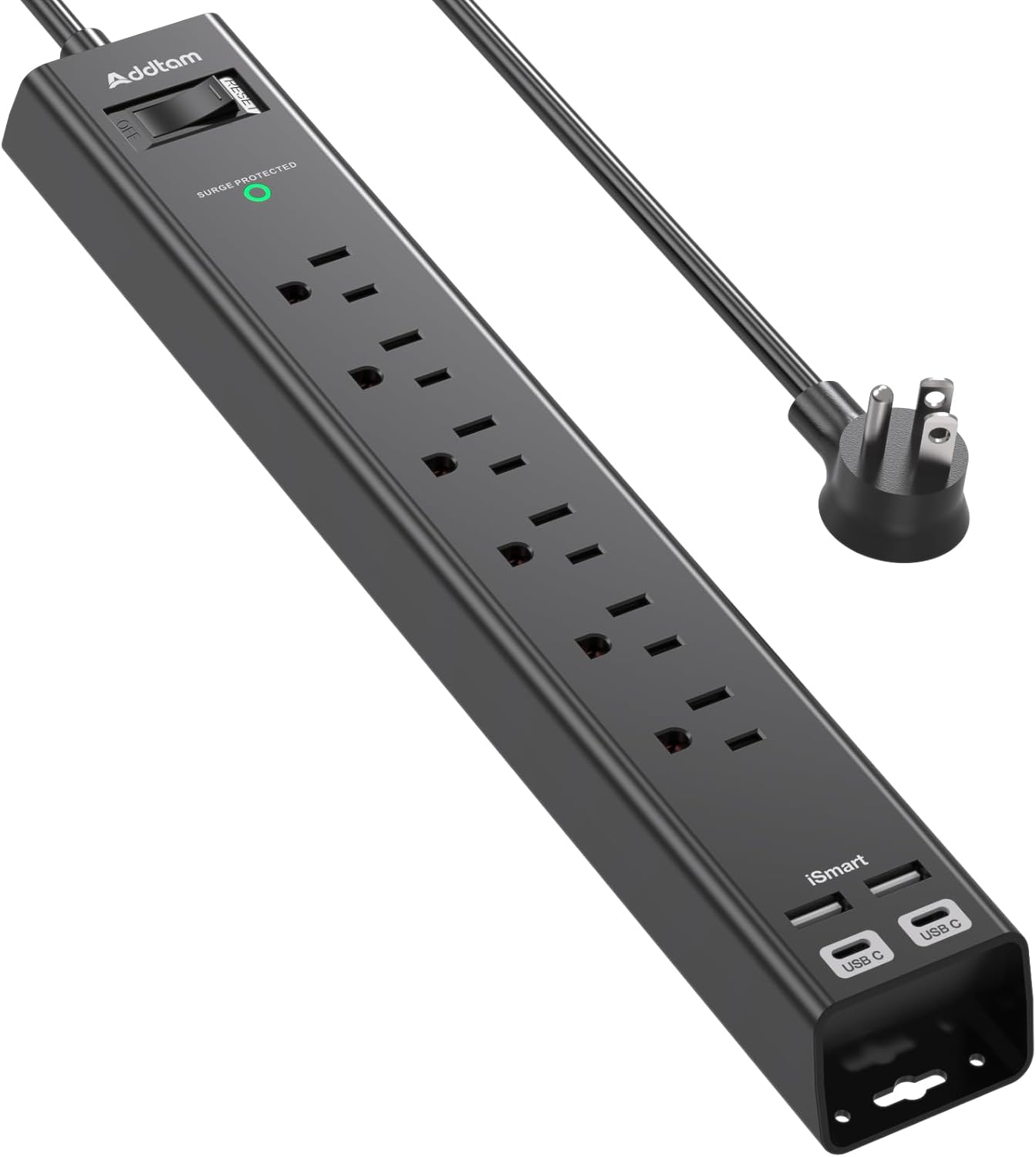 Surge protector power strip with 6 AC outlets and 4 USB ports, flat plug, 1875W/15A, overload protection