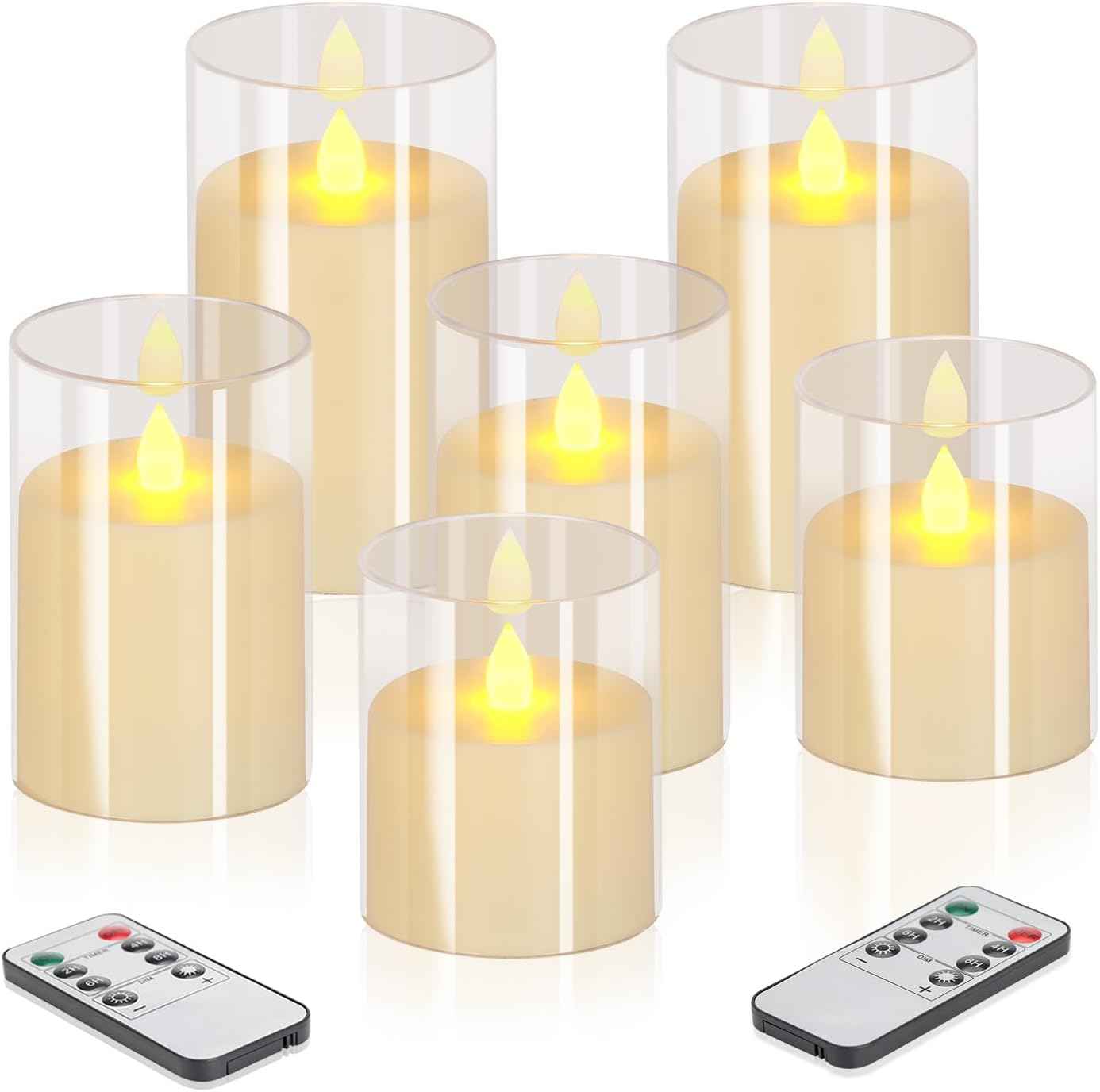 Flameless Candles 4" 5" 6" Set of 3 Acrylic Glass Pillars 3" Diameter Battery Operated Flickering Candles Include 10-Key Remote with Timer Function 400+ Hours (Gray, Warm Light 3 Pack)