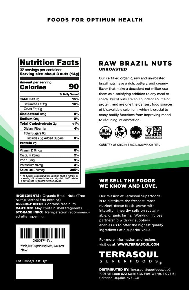 Terrasoul superfoods organic brazil nuts, 1 lb raw unsalted rich in selenium